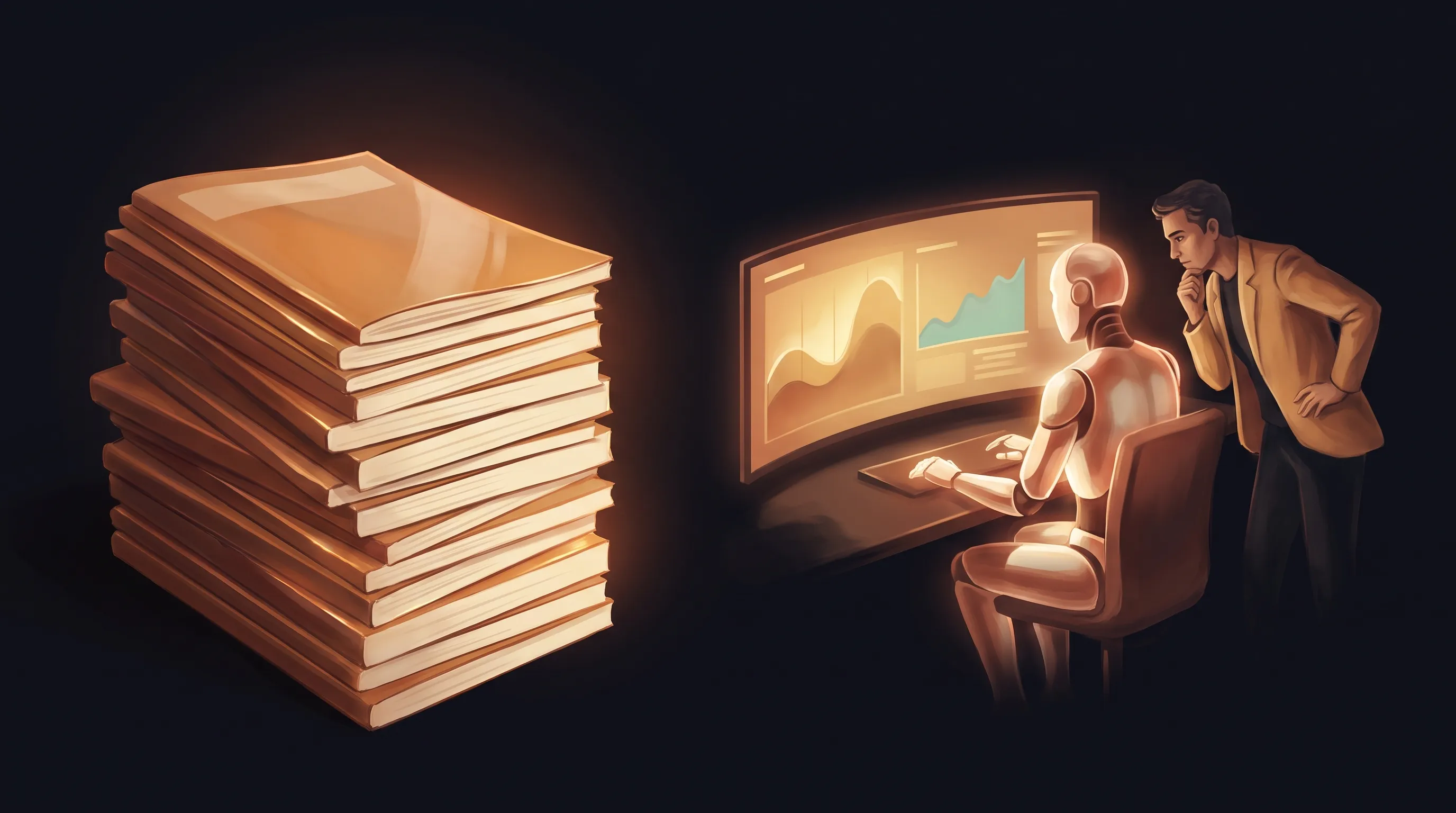 A stack of glossy vendor case studies on one side, and an AI employee being tested live on a business's own real data on the other
