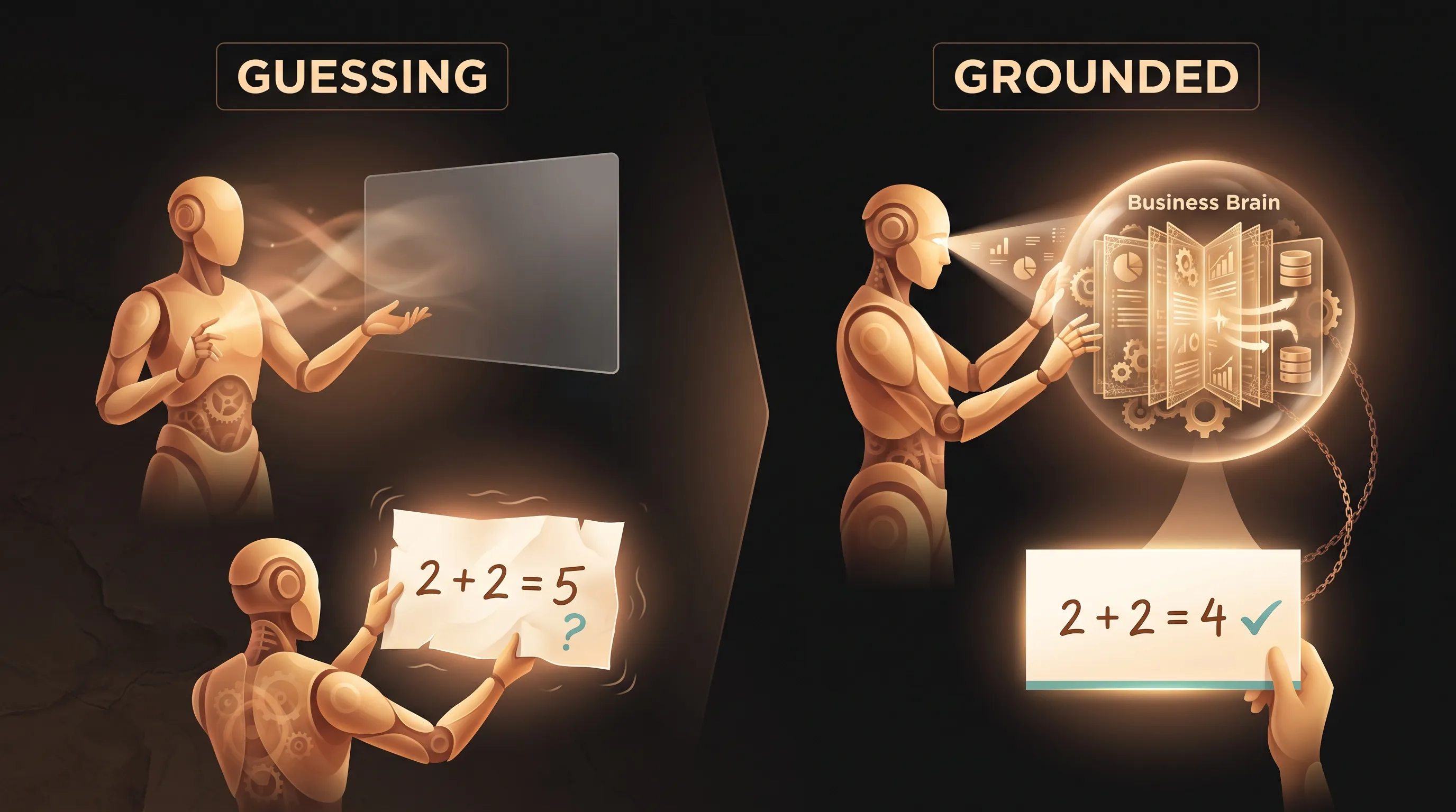 On the left, an AI improvises an answer from a blank memory and produces a confident wrong figure; on the right, the same AI reads first from an organized Business Brain and returns the correct, grounded answer, the two paths labeled GUESSING and GROUNDED
