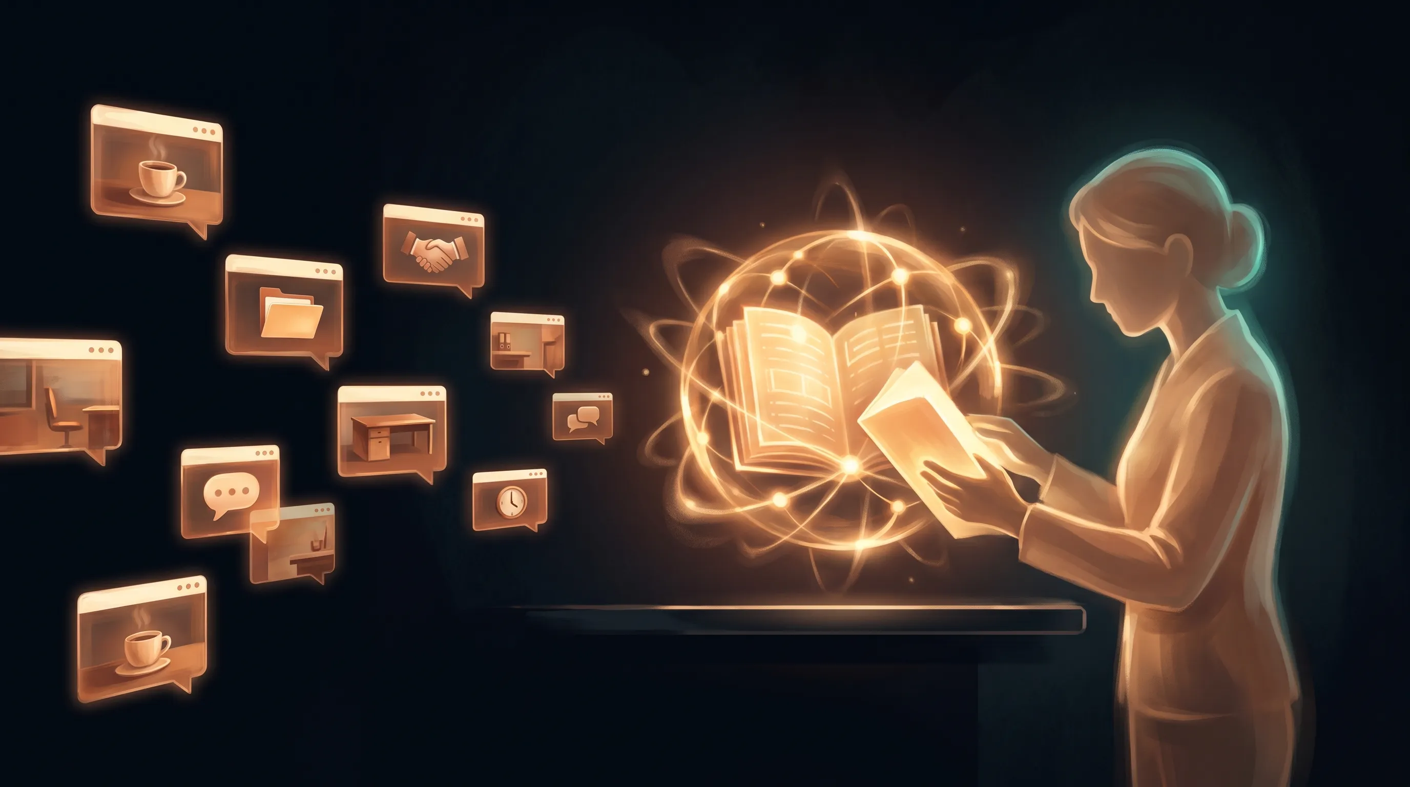 On one side, a dozen separate glowing chat windows floating in the dark, each holding a fragment of a business and none connected; on the other, a single warm amber Business Brain that all the work reads from, an AI employee drawing its answer from that one organized source