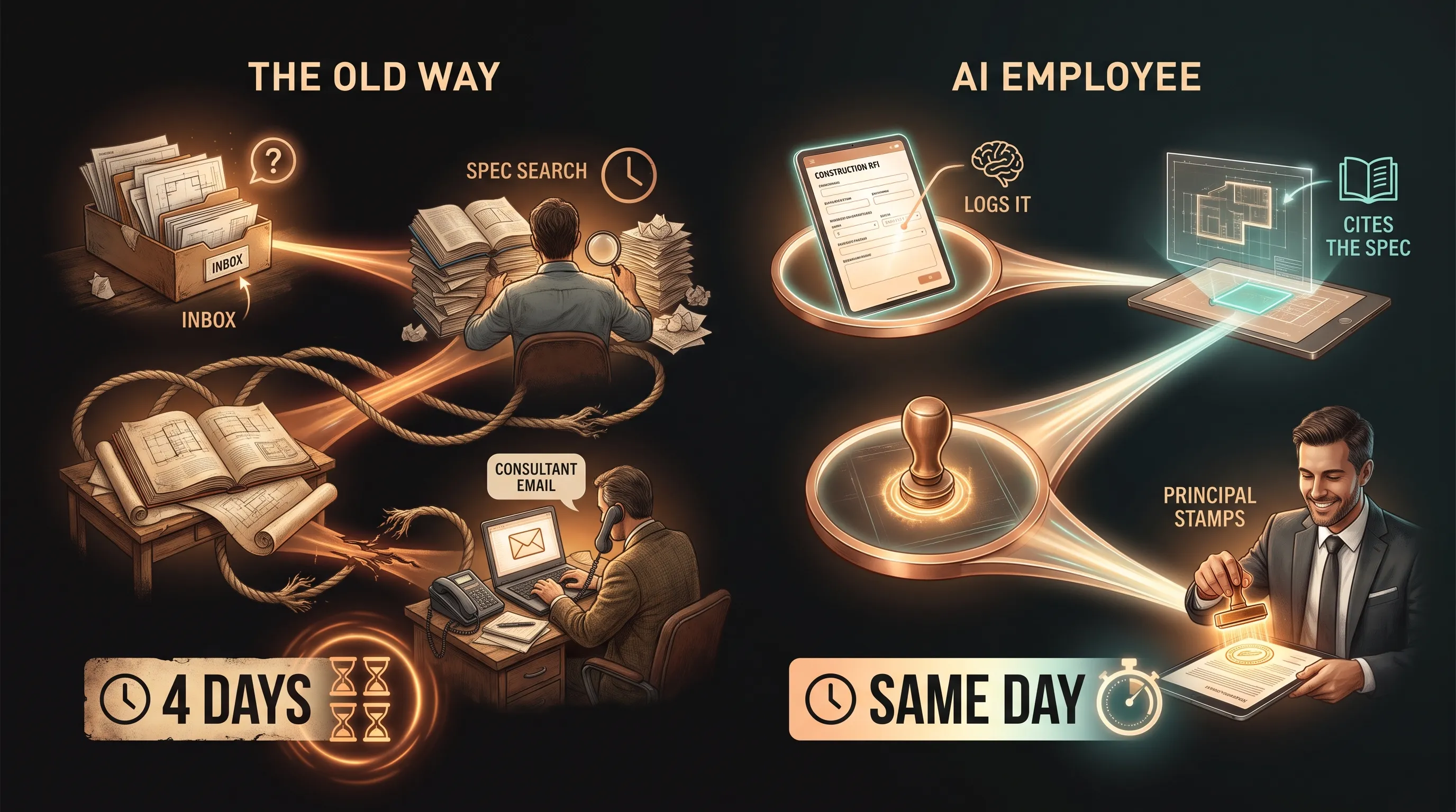 Two RFI timelines: the old way spends four days routing one question through inbox, spec search, and consultant email, while the AI employee logs it, cites the governing section, and drafts a same-day response for the principal to stamp
