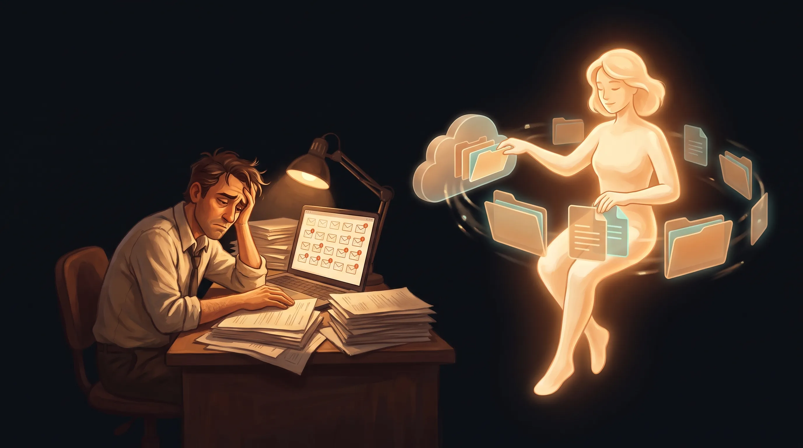 A stack of unanswered document-request emails during tax season on one side, and an AI employee tracking and chasing every missing item on the other