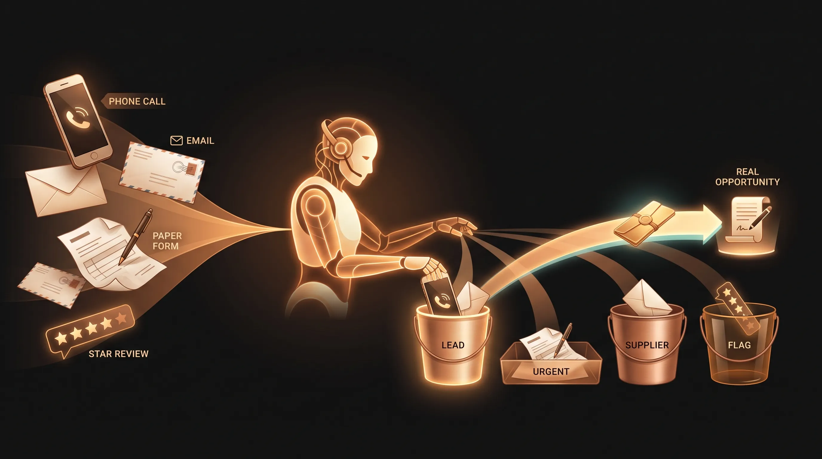 On the left, a messy stream of incoming calls, emails, forms, and reviews; in the middle a warm amber AI employee reading each one; on the right, each item sorted into a labeled bucket, LEAD, URGENT, SUPPLIER, FLAG, with only the real opportunity passed onward to be written