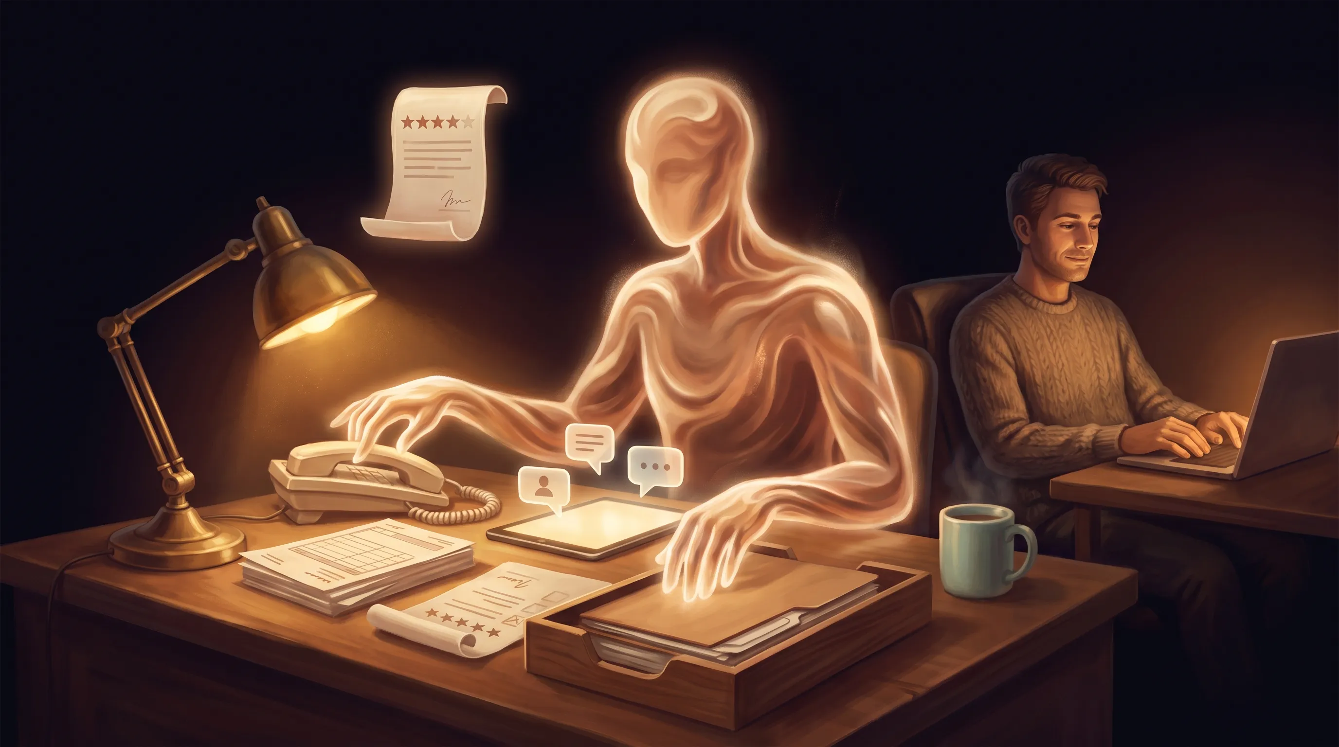 A warm amber AI employee at a small-business desk reading a stream of incoming messages, calls, and forms and calmly sorting each one into the right bucket, while the human owner works undistracted nearby
