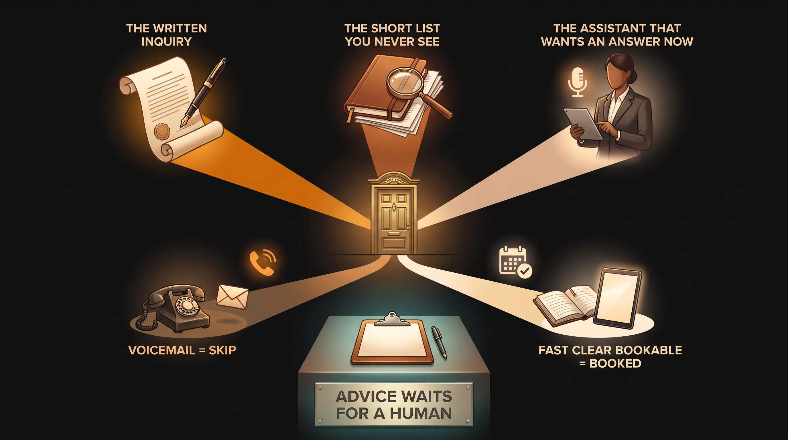 Three inbound arrows funneling to one front door then splitting into two outcomes: THE WRITTEN INQUIRY, THE SHORT LIST YOU NEVER SEE, THE ASSISTANT THAT WANTS AN ANSWER NOW, leading to VOICEMAIL = SKIP or FAST CLEAR BOOKABLE = BOOKED, with a footer ADVICE WAITS FOR A HUMAN