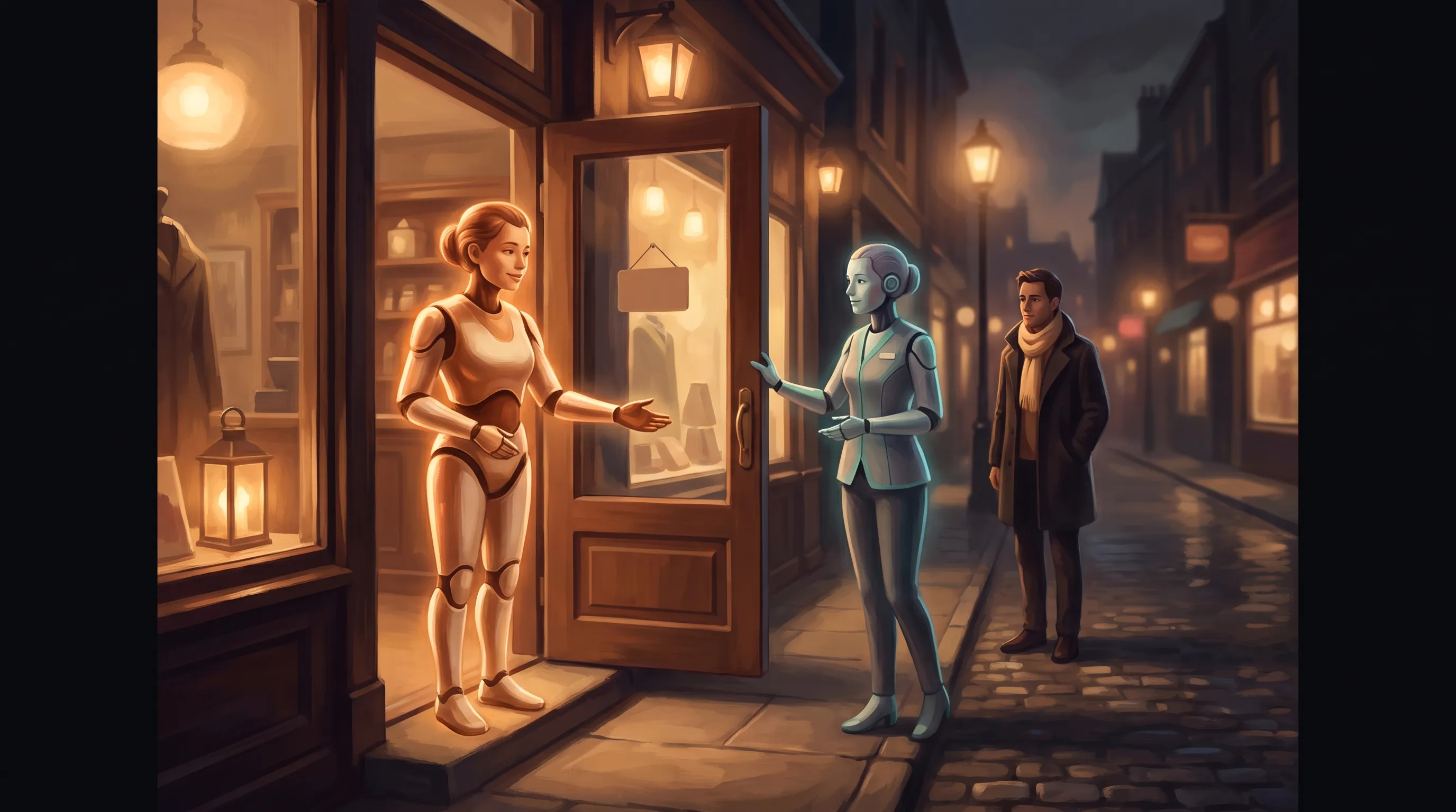 A warm amber AI employee standing just inside an open shop door at dusk, greeting a second cooler-toned visiting assistant on the threshold while the real customer waits a step behind it