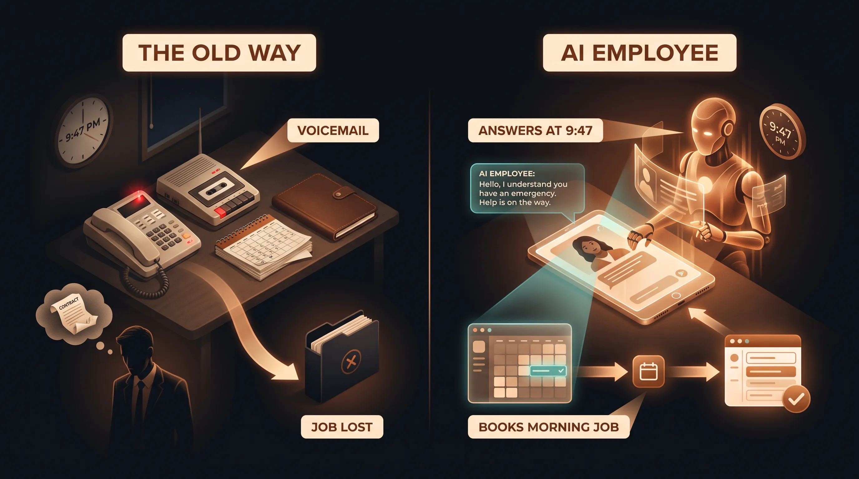 Two versions of a late-night service call: the old way ends in voicemail and a job lost to a competitor, while the AI employee answers, triages the emergency, and books the morning appointment