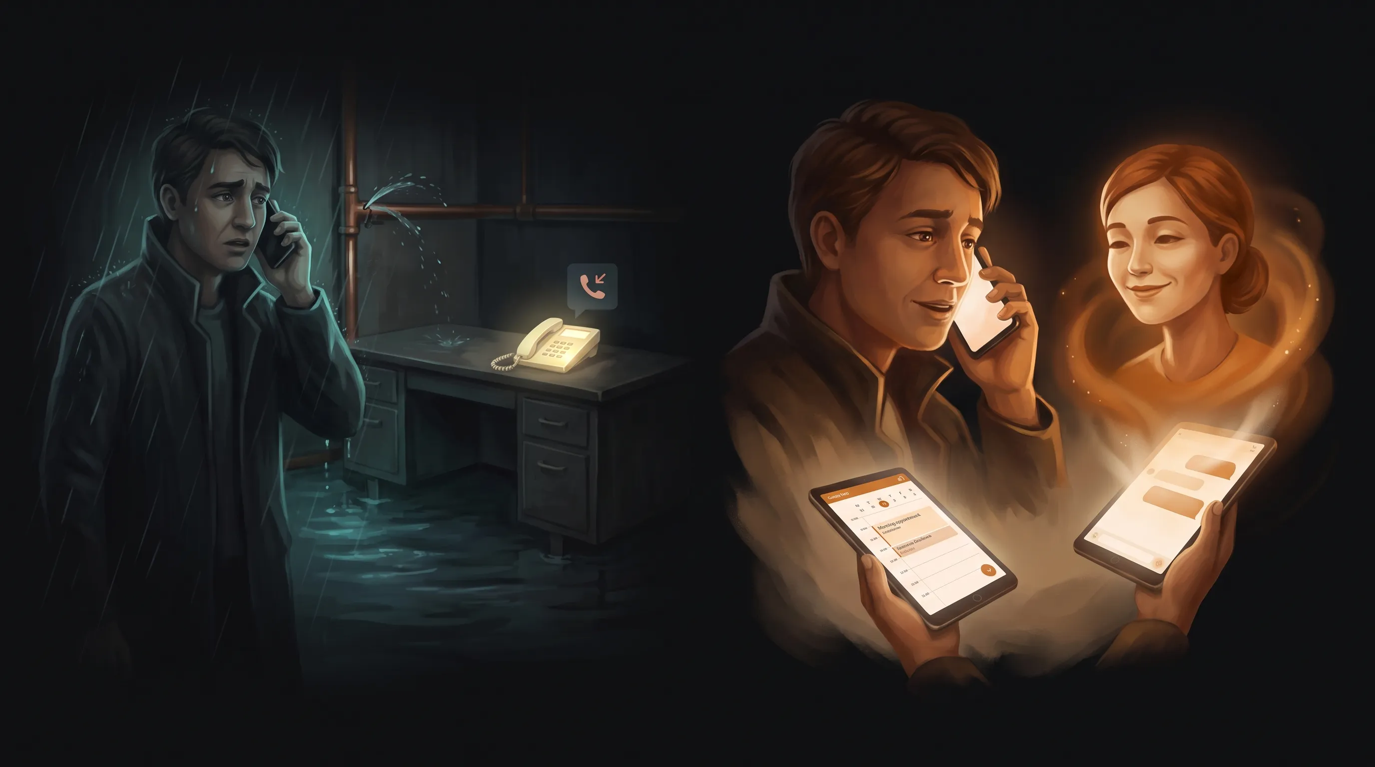 A late-night service call going to voicemail and a lost job on one side, and an AI employee answering and booking the morning appointment on the other