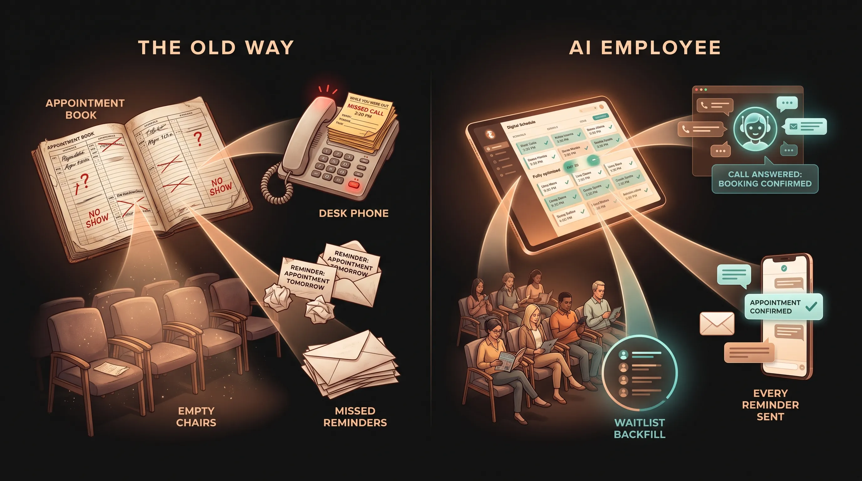 Two versions of a practice schedule: the old way leaves gaps from unanswered calls and skipped reminders, while the AI employee answers every call, sends every reminder, and backfills cancellations from the waitlist