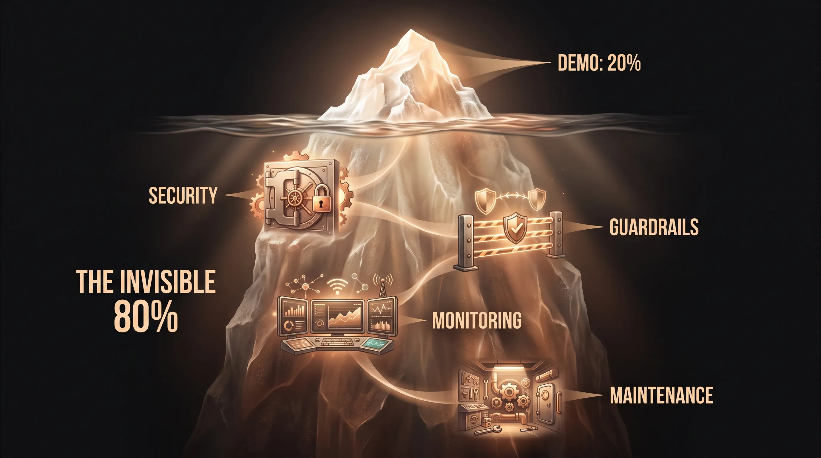An iceberg where the visible demo is the small 20 percent above the waterline, and security, guardrails, monitoring, and maintenance make up the 80 percent hidden below
