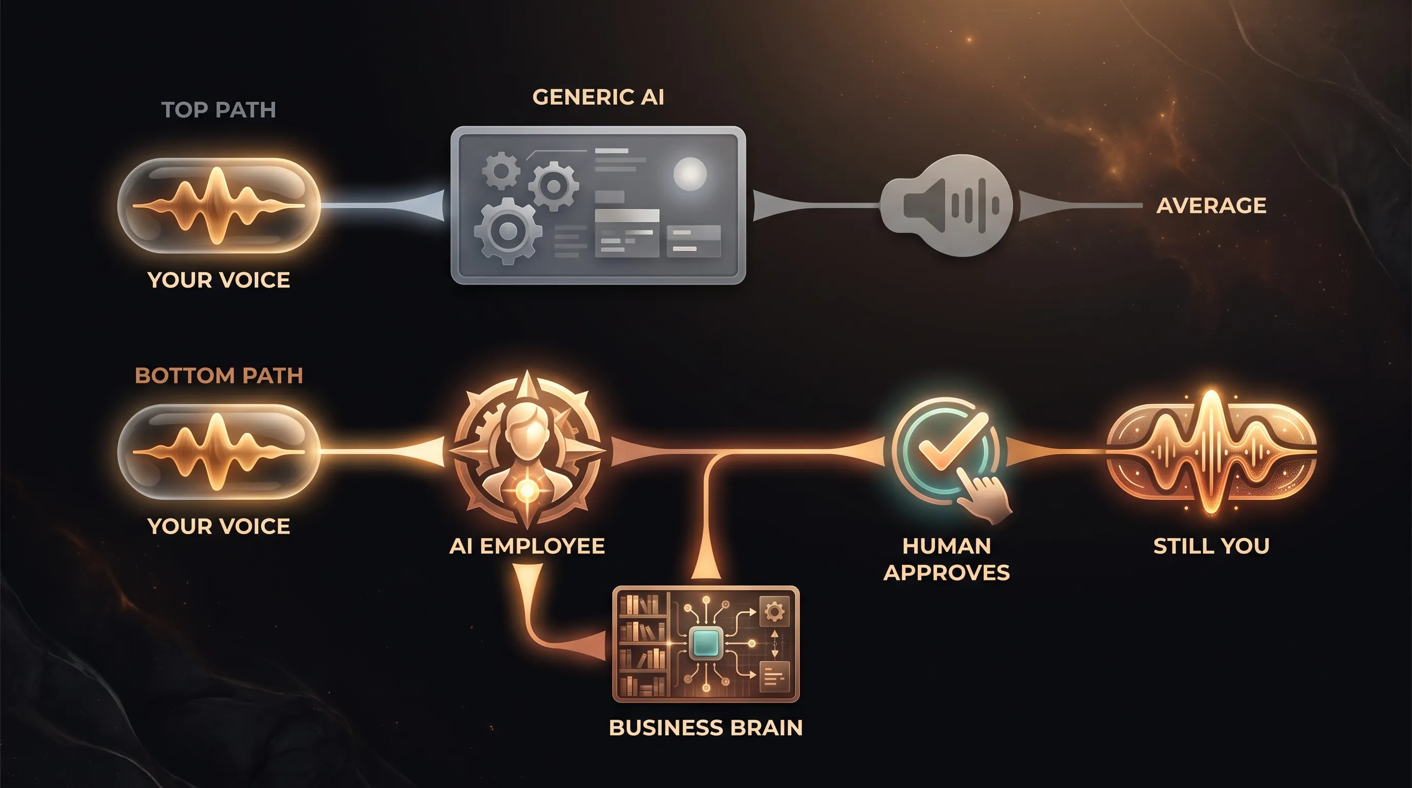 Two paths: your voice fed into a generic model comes out flattened and grey and average, while your voice fed into an AI employee running on a Business Brain, with a human approving, comes out still sounding like you