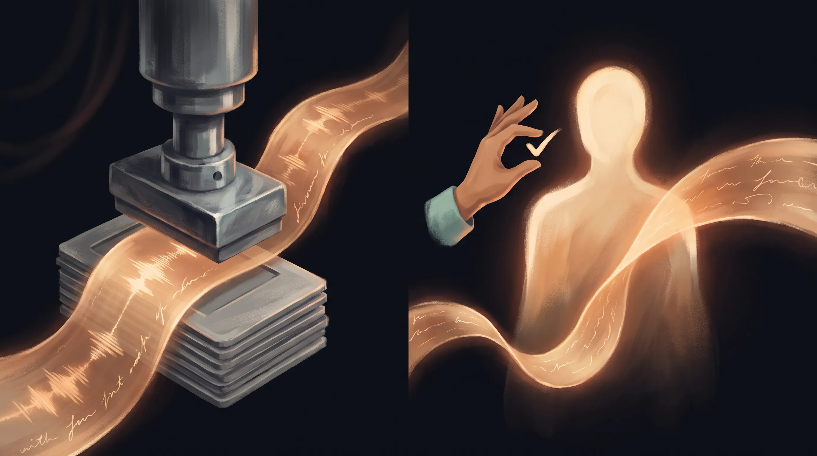 An owner's warm amber way of speaking being pressed flat into a grey uniform template by a generic machine on one side, and preserved intact by an AI employee with a person approving on the other