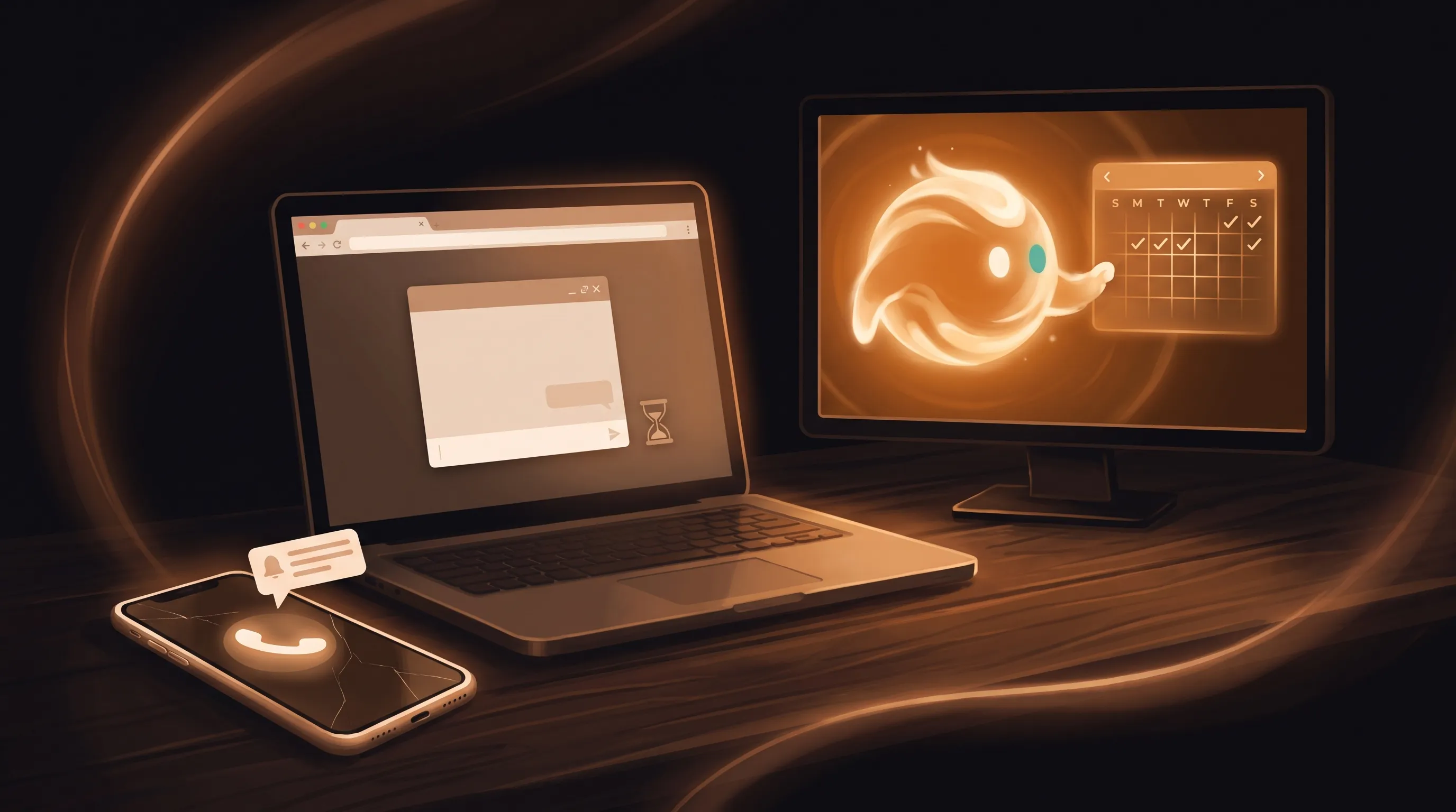 A small-business owner's phone ringing unanswered on a dark desk next to a laptop showing an idle generic chat window, while a warm amber AI employee on a second screen actually takes the call and books the appointment