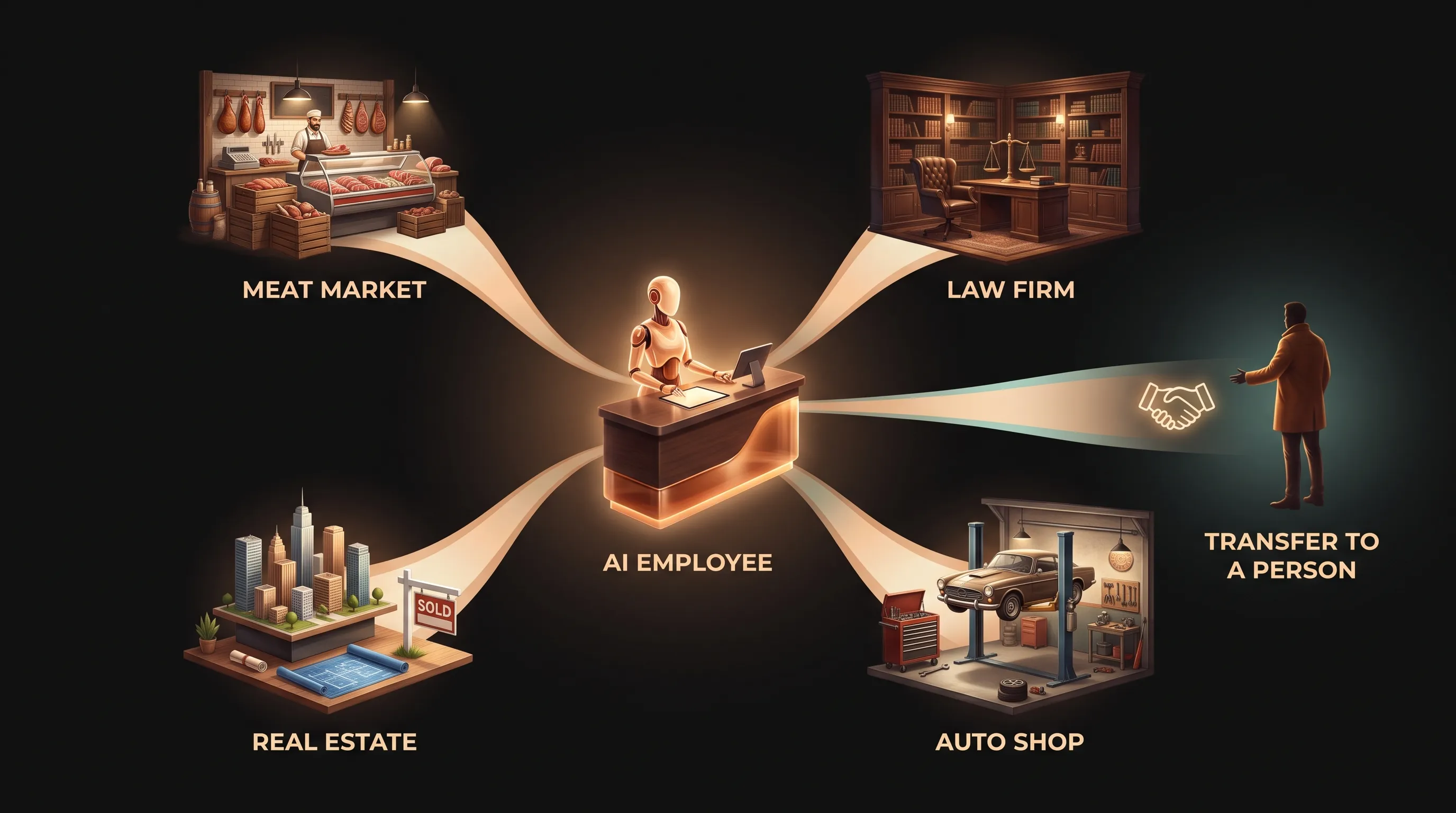 One central AI employee linked by warm light beams to four businesses, MEAT MARKET, LAW FIRM, REAL ESTATE, AUTO SHOP, with a separate exit path labeled TRANSFER TO A PERSON