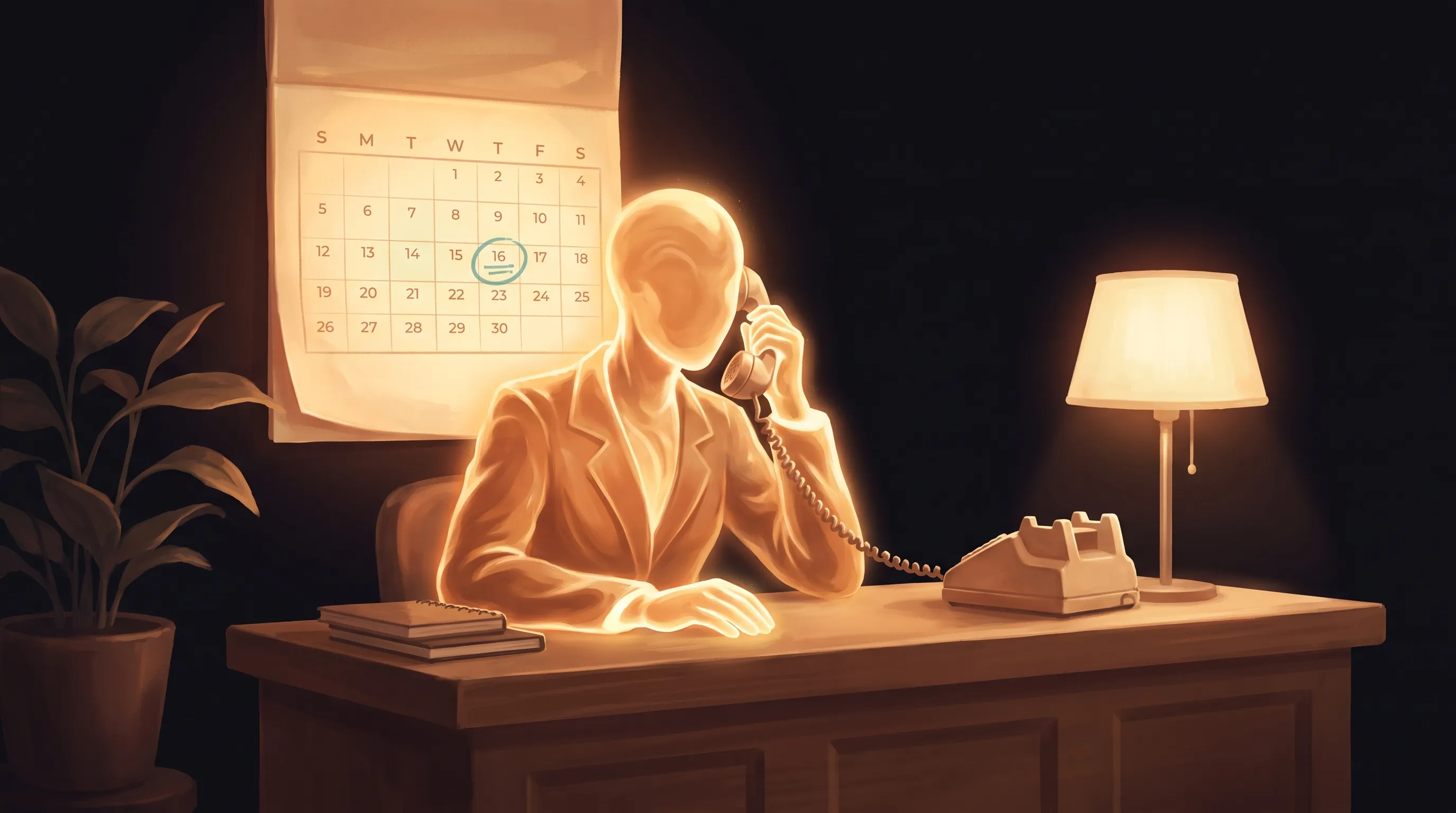 A warm front desk at night, the phone lit and ringing, a glowing amber AI employee presence answering it while a real calendar glows softly on the wall behind
