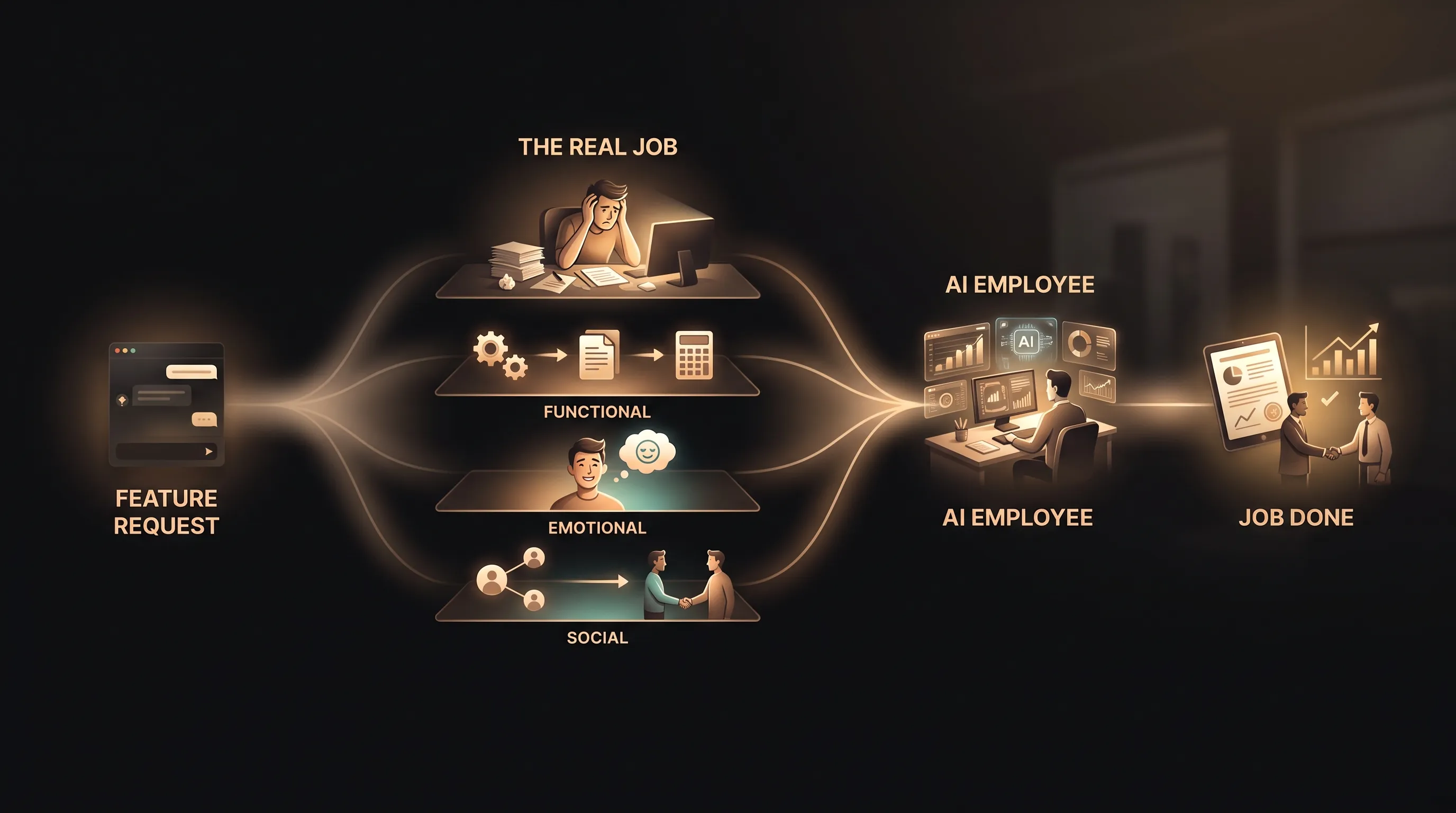 The reframe flow from a feature request to a job done: a dim chat-widget request on the left, the struggling moment, the real job broken into functional, emotional, and social layers, an AI employee designed to it, and the job done on the right