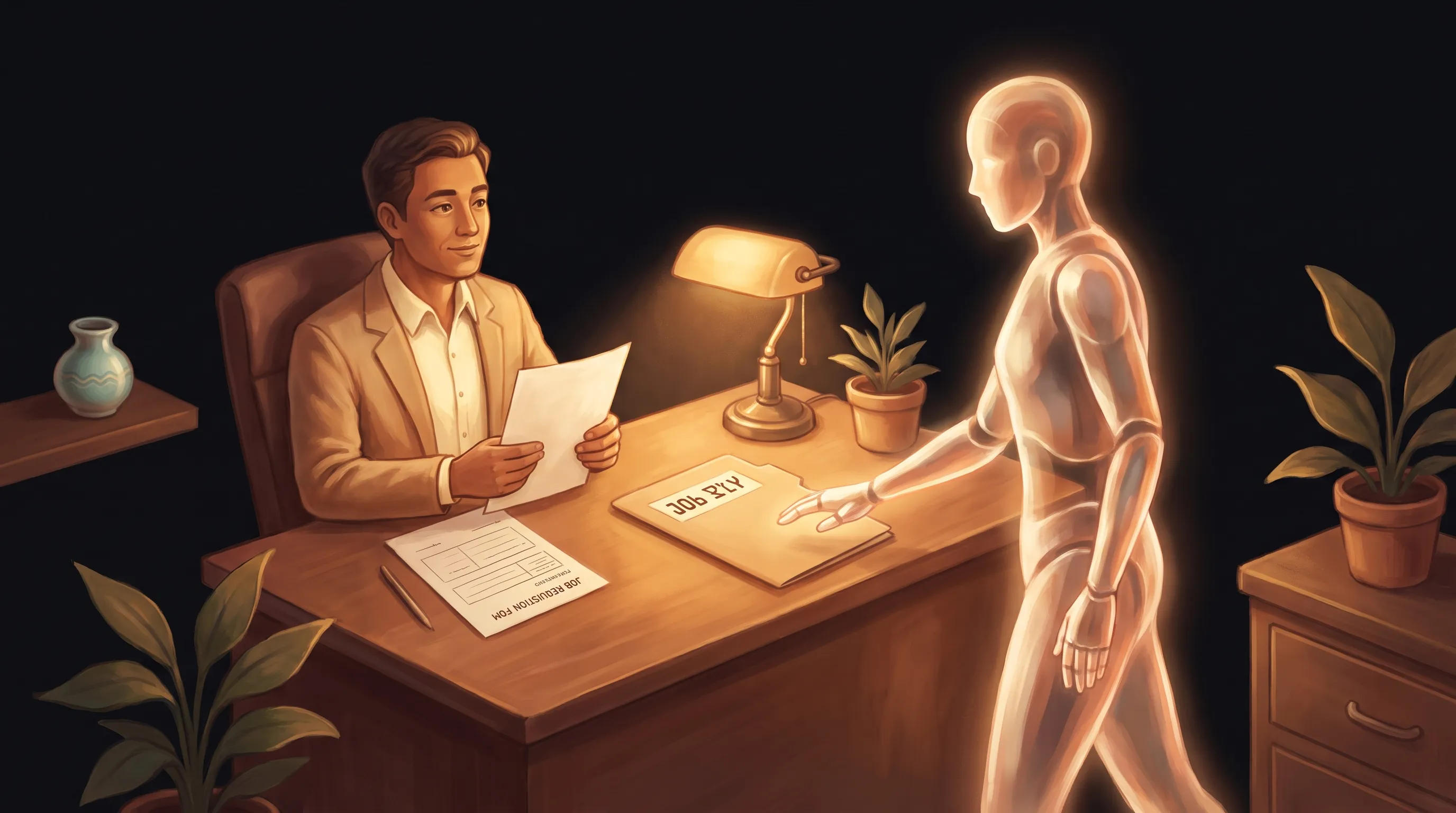 A business owner hiring a glowing AI employee for a clearly defined job, resume and job-req motif in neon on a dark background