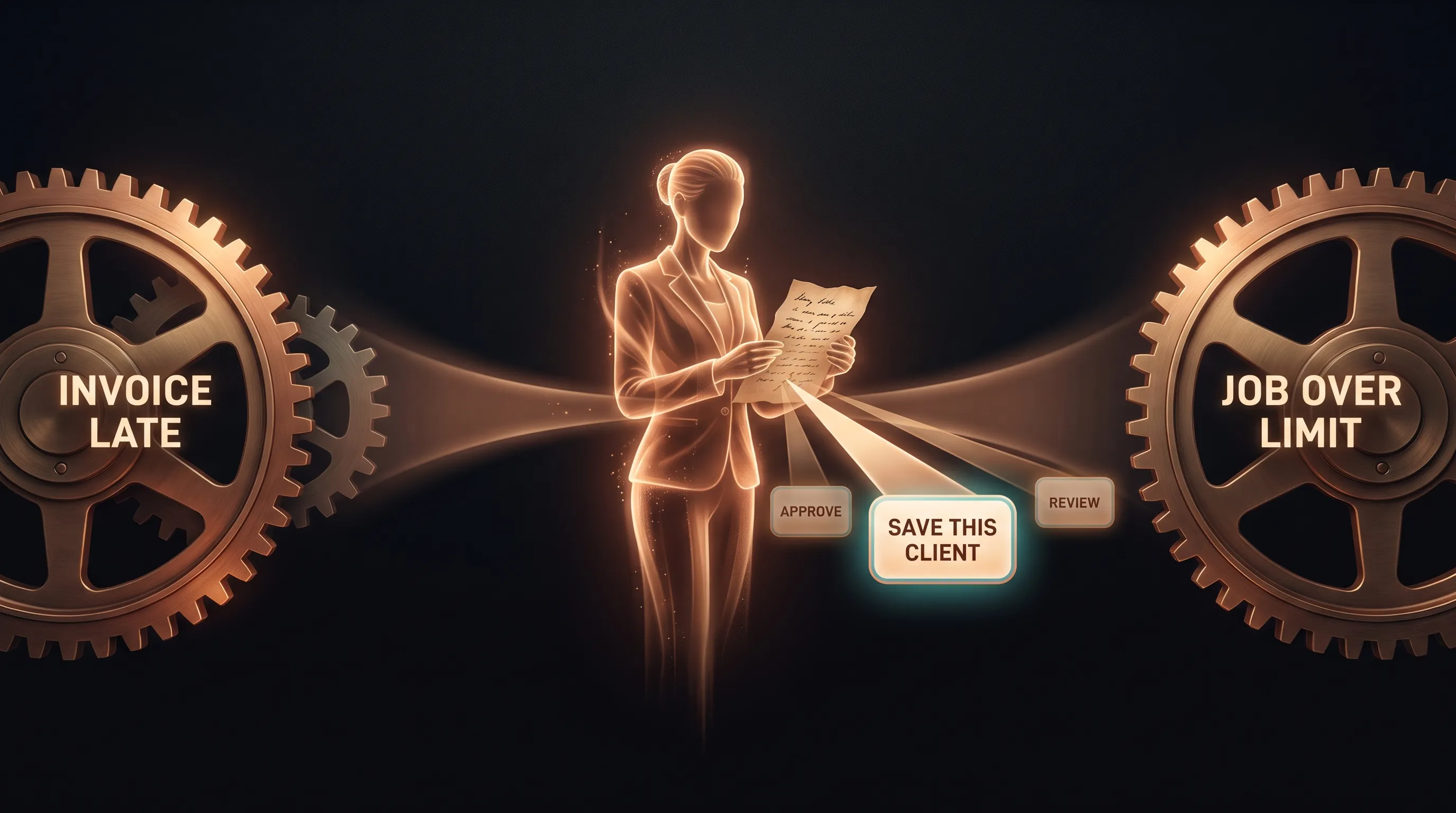 Two tidy mechanical rule-gears labeled INVOICE LATE and JOB OVER LIMIT on either side; in the space between them a warm amber AI employee reads a messy note and makes a judgment, labeled SAVE THIS CLIENT, REAL OPPORTUNITY, ESCALATE