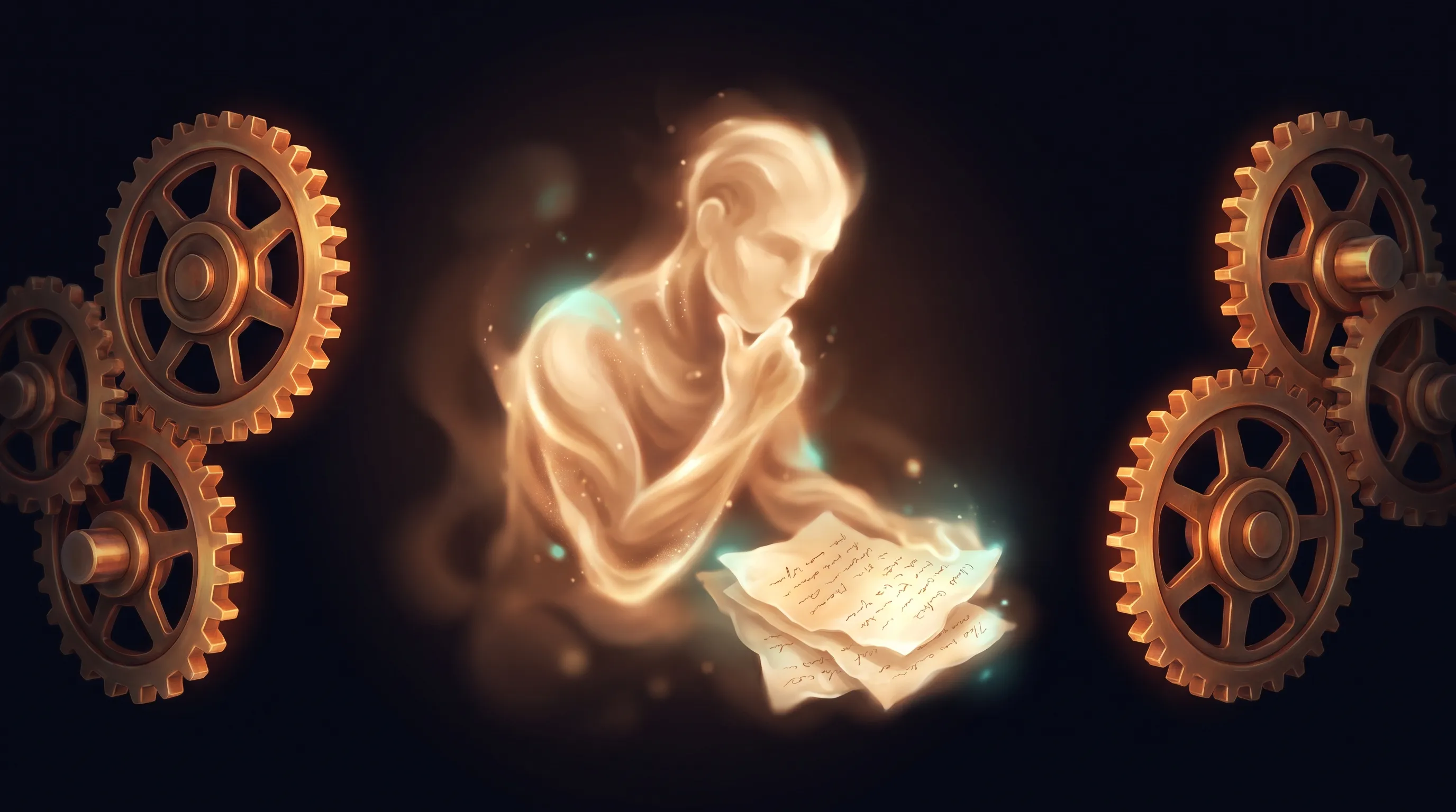 Two tidy mechanical rule-gears on either side of a warm amber AI employee, which sits in the gap between them reading a messy handwritten note and making a judgment call the rigid rules cannot