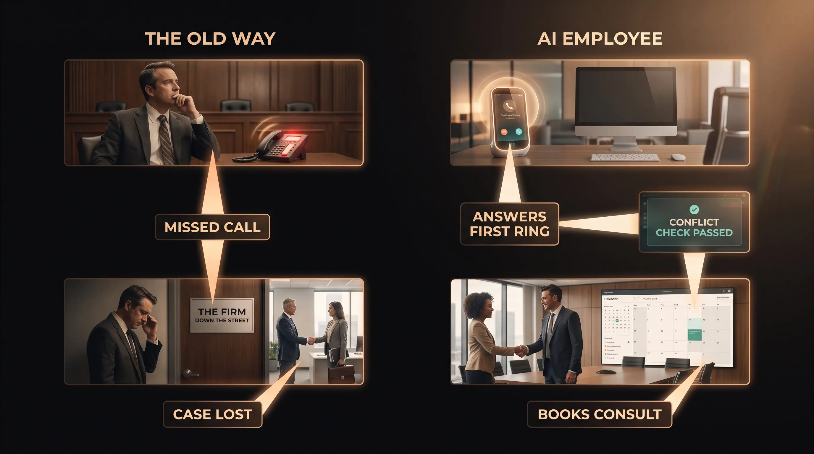 Two intake timelines side by side: the old way ends in a missed call and a lost case, while the AI employee answers on the first ring, runs the conflict check, and books the consult
