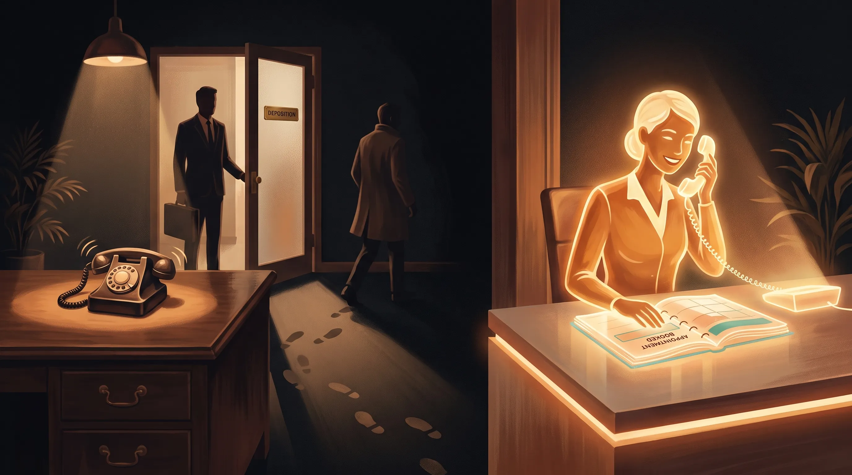 A missed intake call cooling into a lost case beside an AI employee answering on the first ring and booking the consult