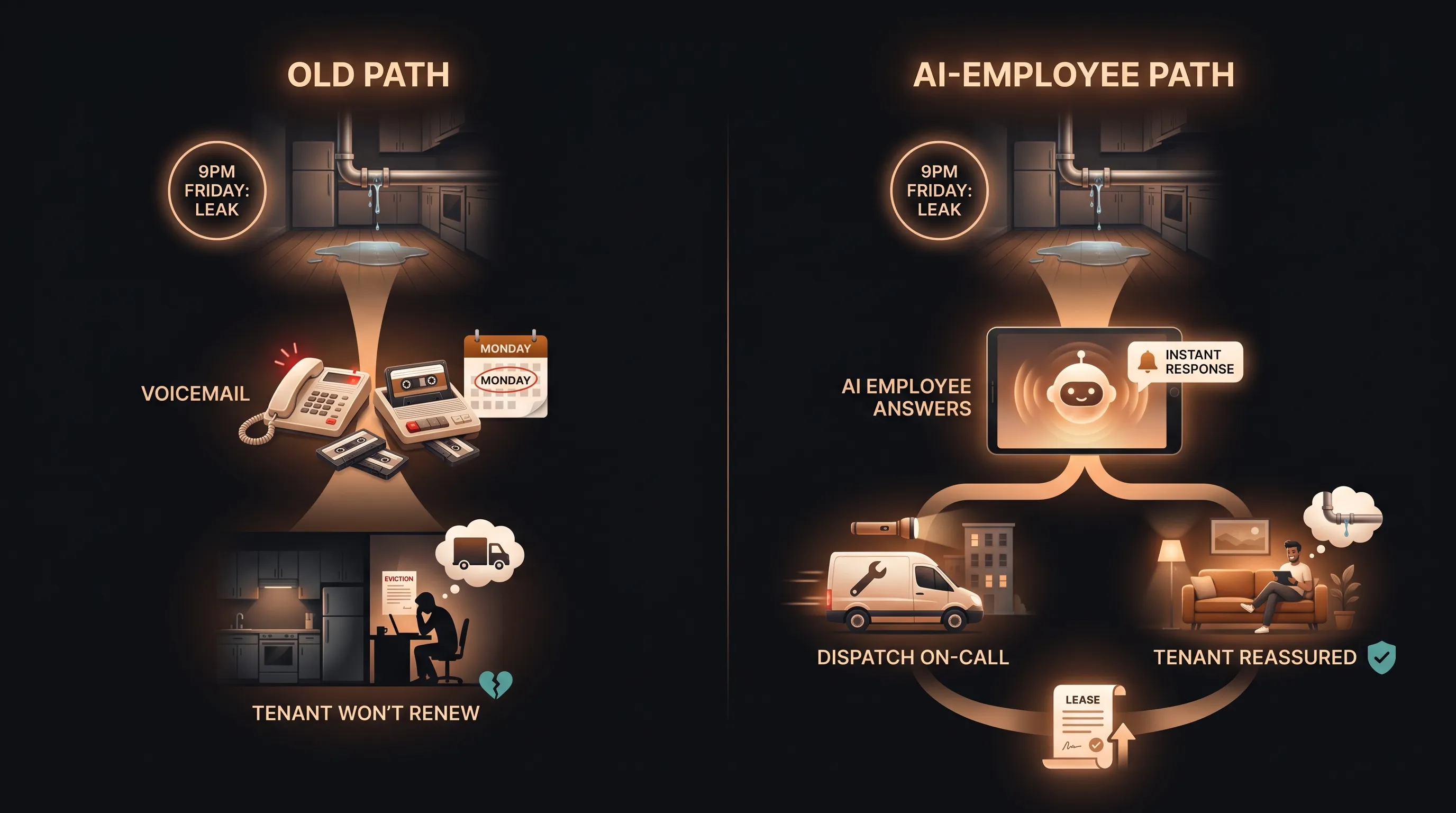 Two versions of a Friday-night leak: the old way sits in voicemail until Monday while damage spreads and the tenant decides not to renew, while the AI employee logs it, dispatches the on-call vendor, and confirms with the tenant