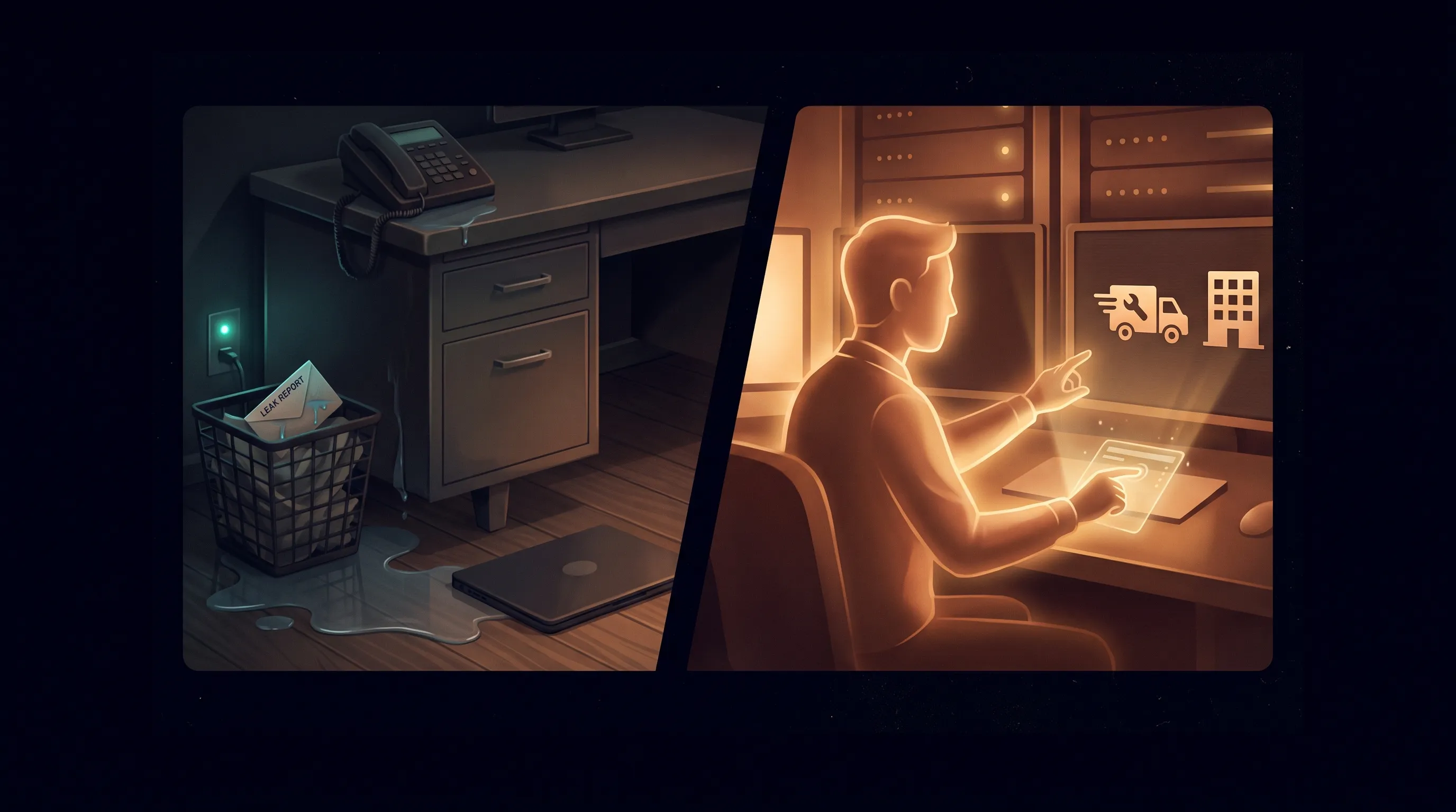 A tenant's after-hours leak report sitting unread in a voicemail all weekend on one side, and an AI employee logging the request and dispatching help on the other
