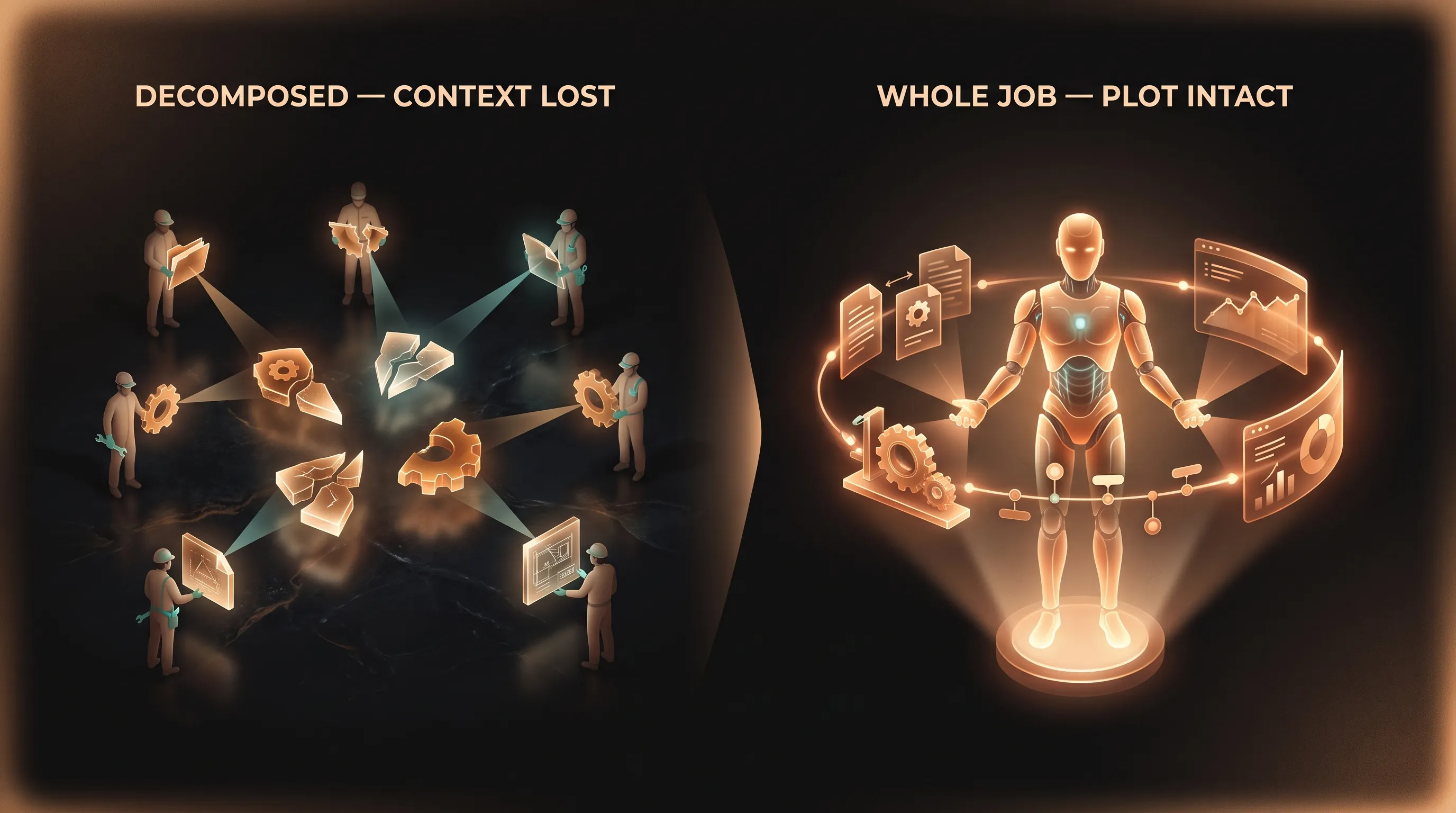 On the left, a job broken into scattered shards handed to separate agents that can't see each other, labeled "decomposed, context lost"; on the right, one AI employee holding the whole job with the full story connected in warm light, labeled "whole job, plot intact"