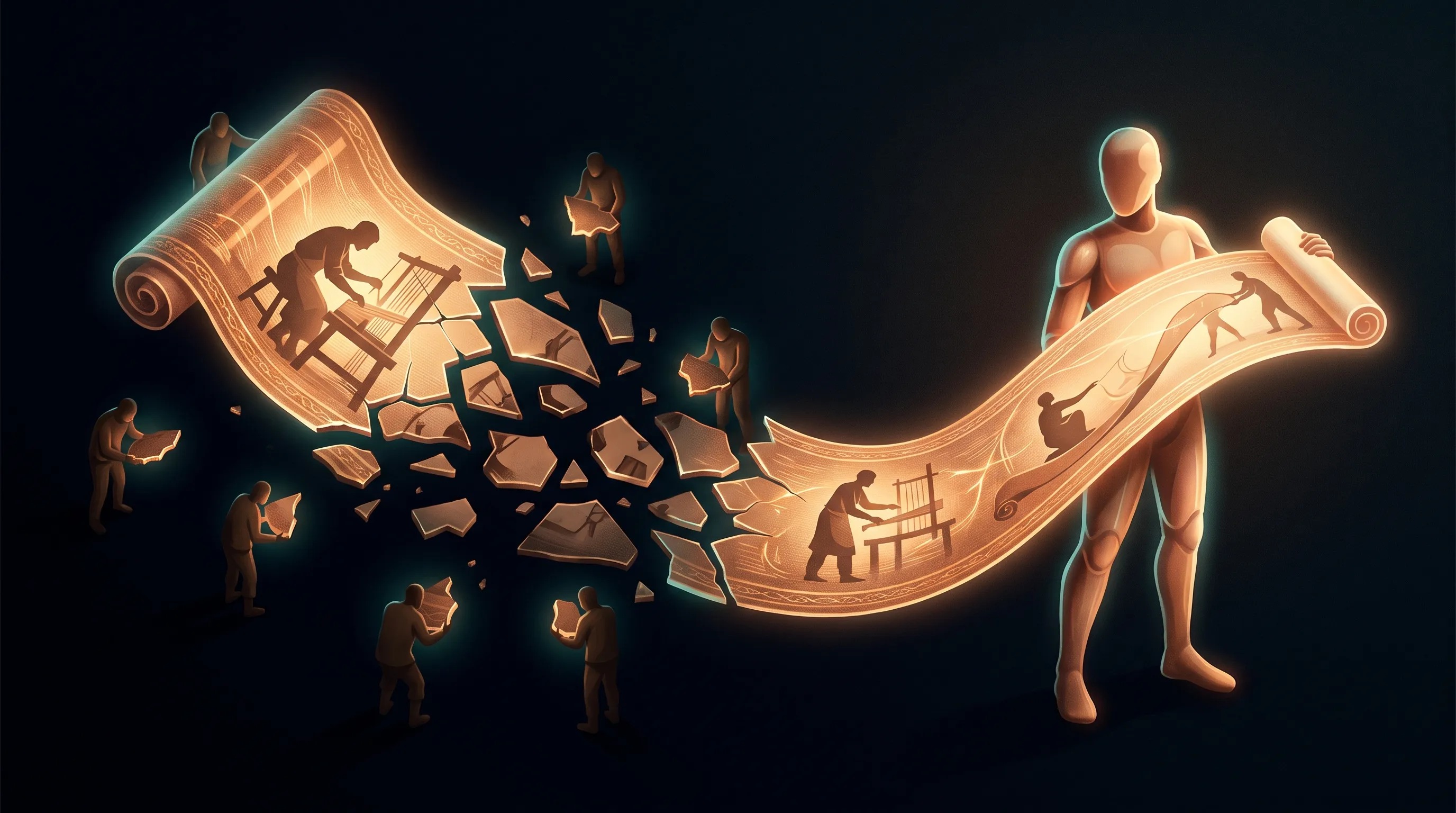 On one side, a job shattered into dozens of disconnected glowing shards each handled by a separate small agent that can't see the others; on the other, one warm amber AI employee holding the whole job intact, the full story visible in its light
