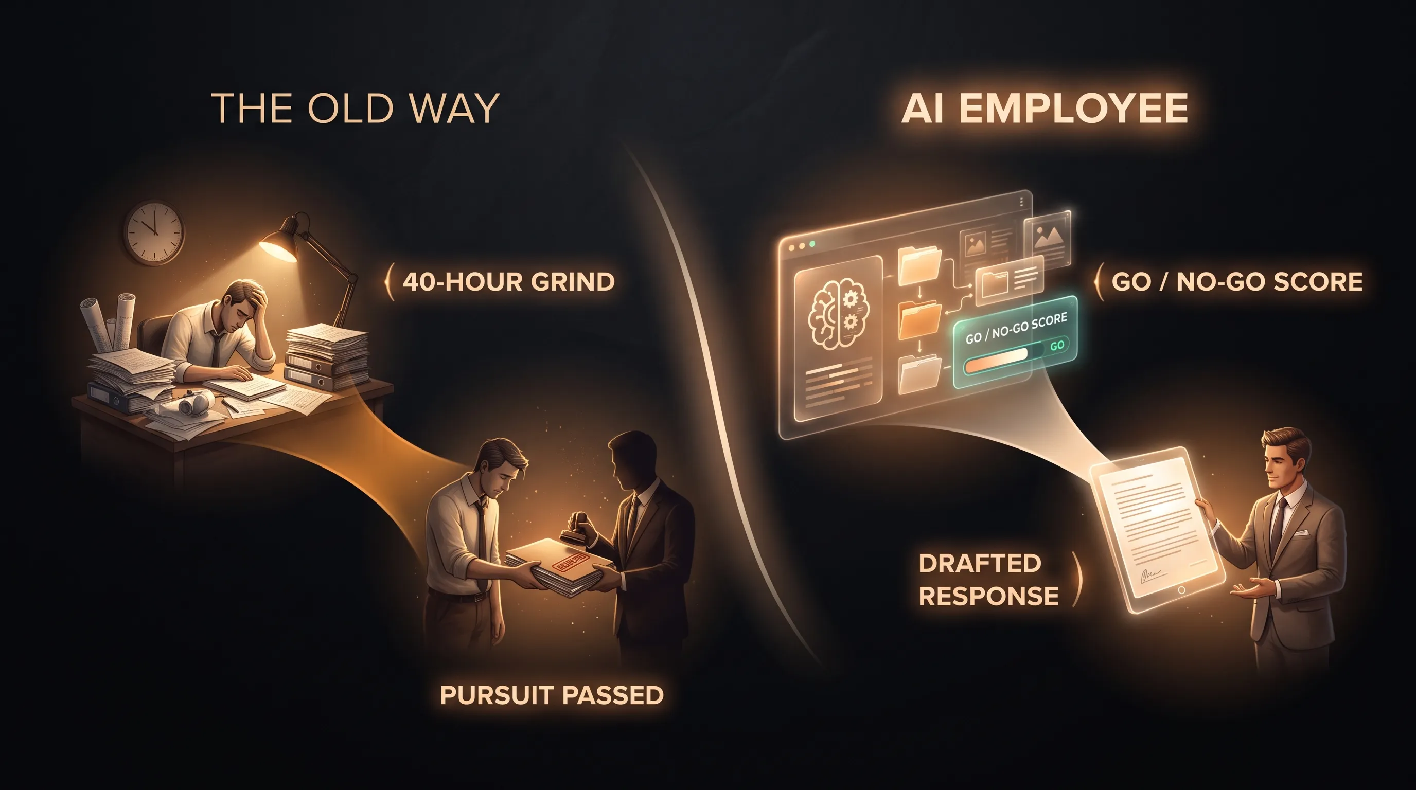 Two RFQ paths: the old way ends in a passed pursuit after a 40-hour assembly grind, while the AI employee scores a go/no-go, pulls the relevant past projects, and hands BD a drafted response to own