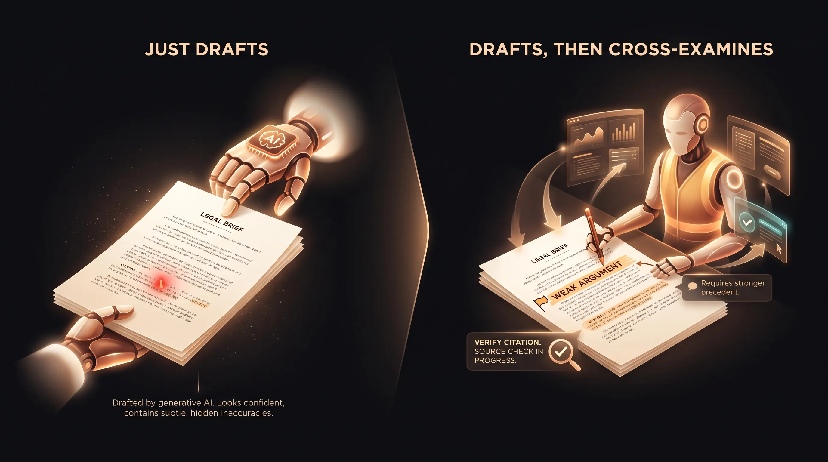 Two versions of the same brief side by side: on the left an AI that only drafts hands over a clean document with a hidden fabricated citation, labeled JUST DRAFTS; on the right the AI employee marks the weak argument and flags a citation for verification before filing, labeled DRAFTS, THEN CROSS-EXAMINES