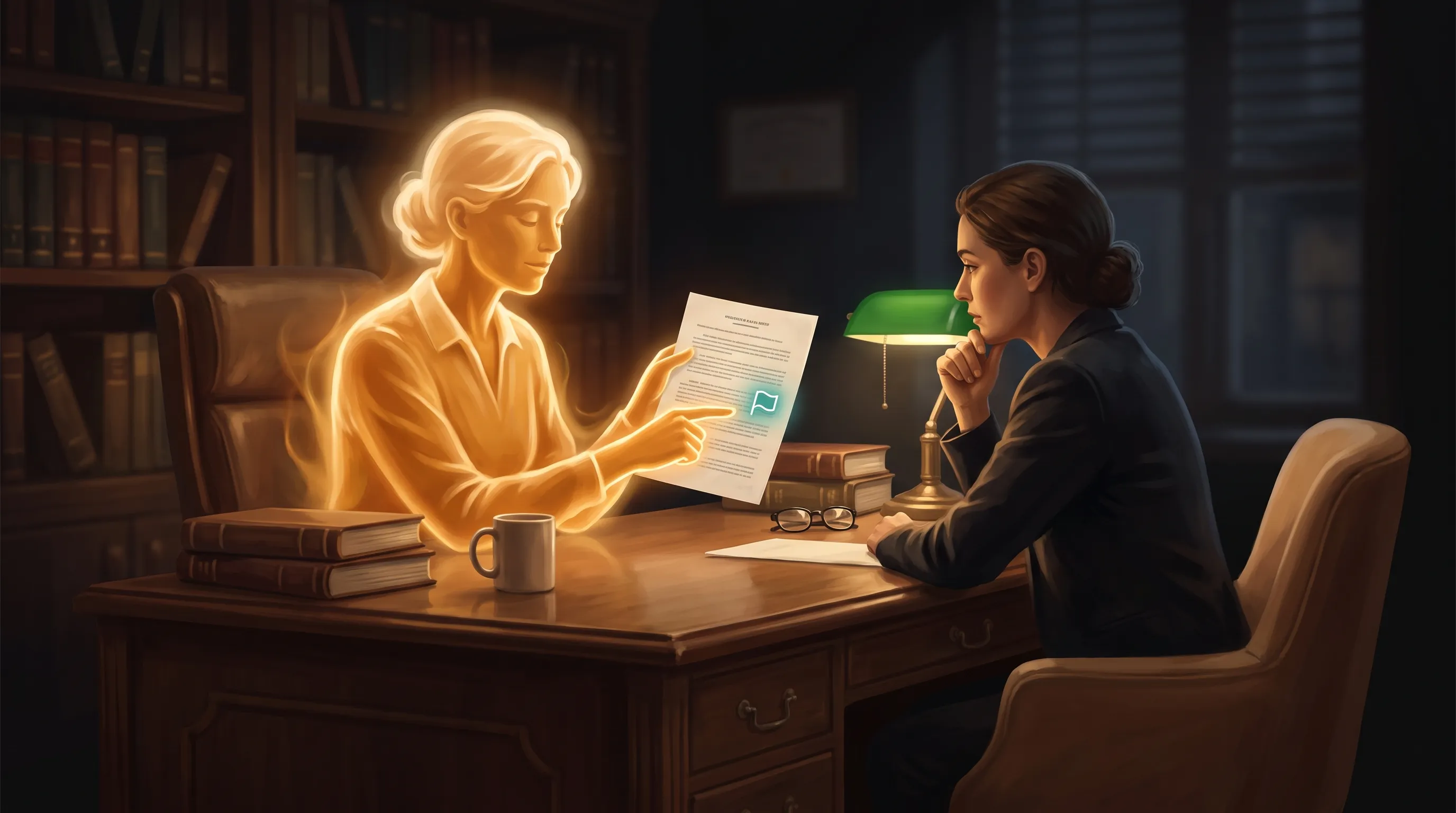 A warm amber AI employee sitting across a desk from an attorney in a night-lit law office, holding up the attorney's brief and pointing to a weak line as if cross-examining it, a single flagged citation glowing on the page