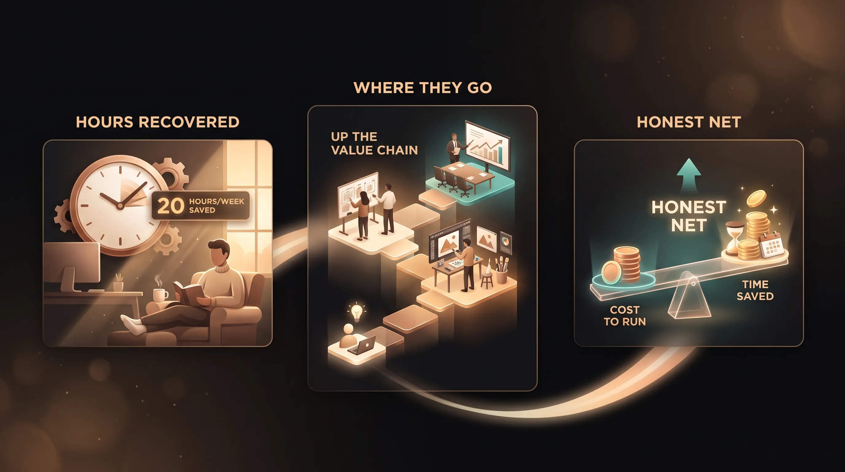 The three numbers we measure for an AI employee: hours recovered per week, where those hours go as they move up the value chain, and the honest net once time saved is weighed against cost to run