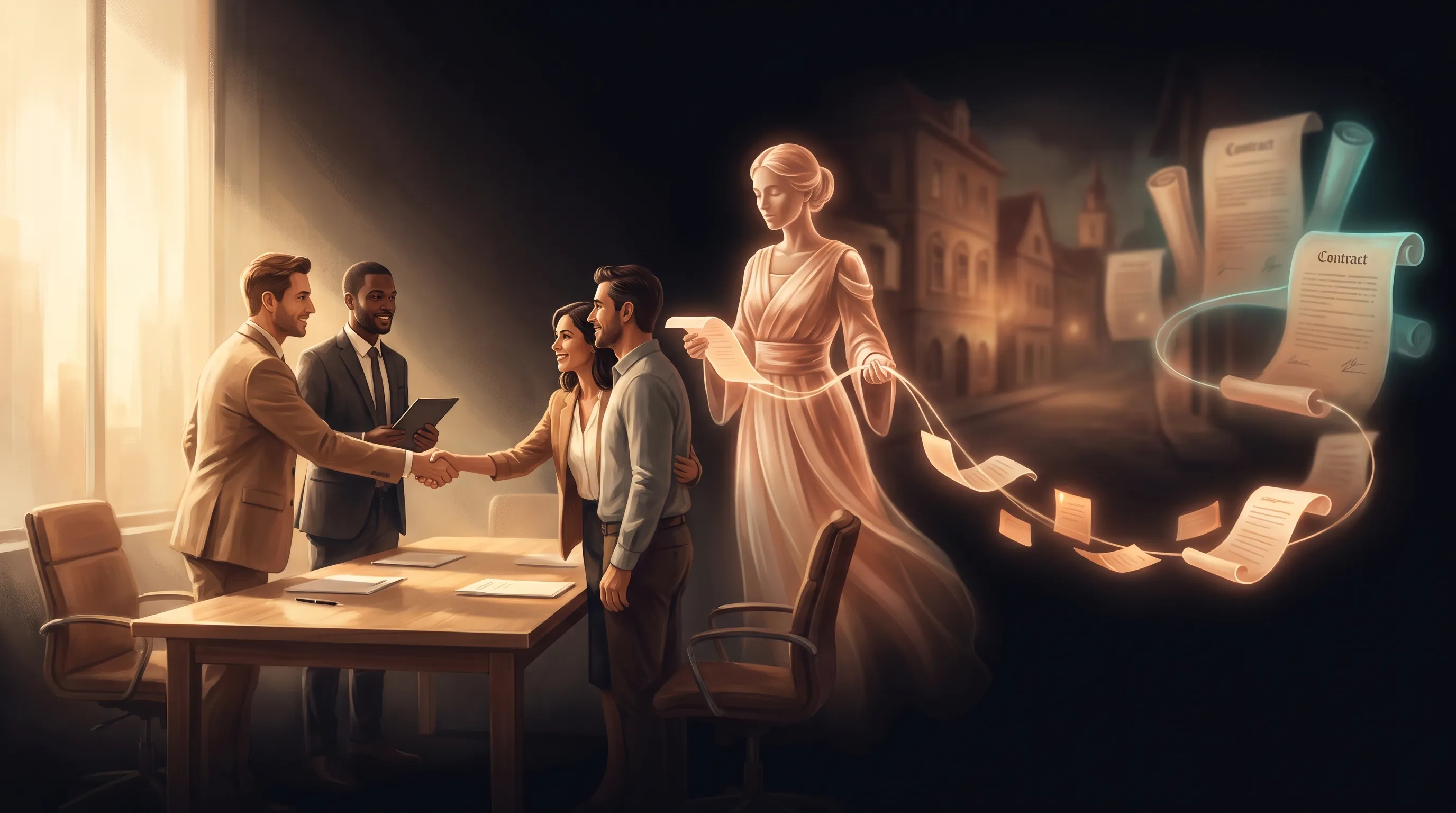 A warm amber AI employee behind a real estate team at a sunlit closing table, quietly holding a thread of glowing promise-notes stretching back across past deals while the agents shake hands over a new one