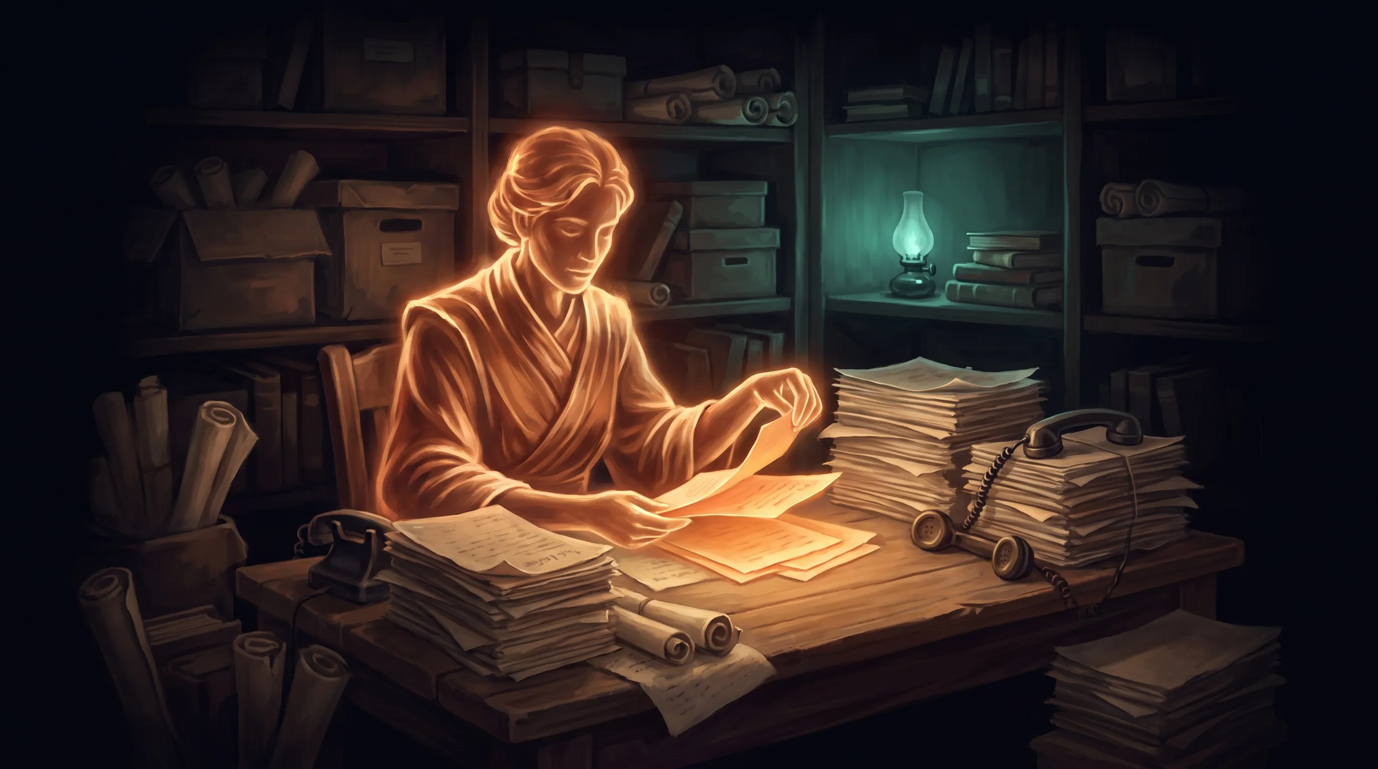 A warm amber AI employee working through a huge backlog of customer calls, reviews, and messages a small business had been walking past, quietly pulling the few at-risk ones forward for the owner to see