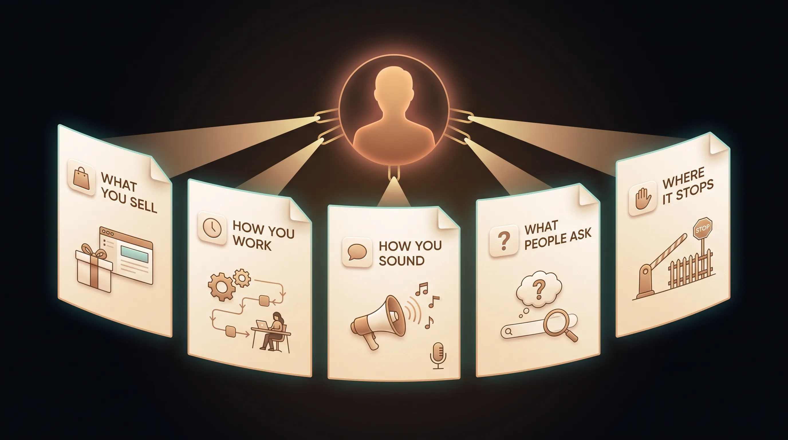 Five fanned pages, each a warm labeled card: WHAT YOU SELL, HOW YOU WORK, HOW YOU SOUND, WHAT PEOPLE ASK, WHERE IT STOPS, glowing amber in front of an AI employee presence