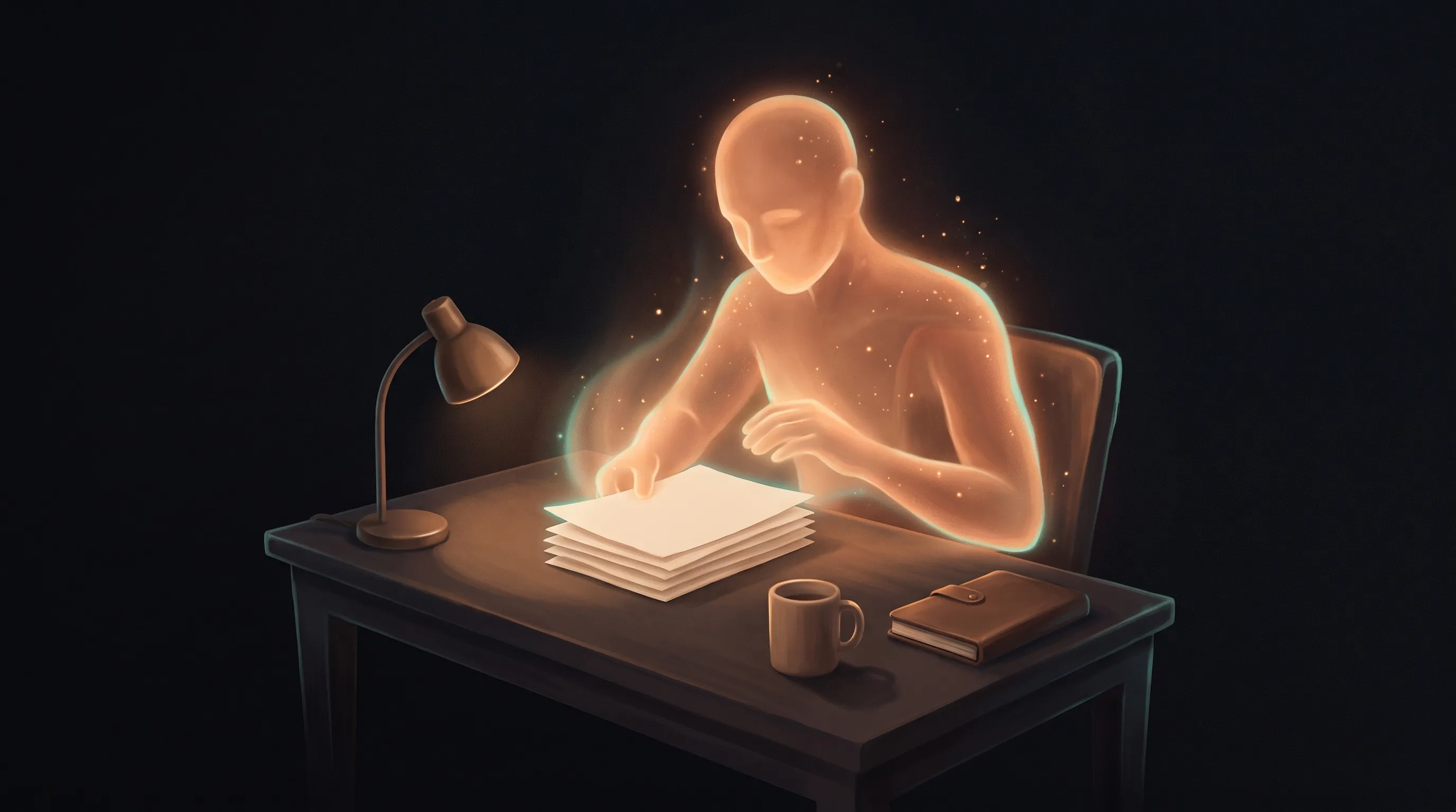 A warm amber AI employee at a desk reading a small neat stack of five labeled pages, a glow around the pages as it takes in the business's own words