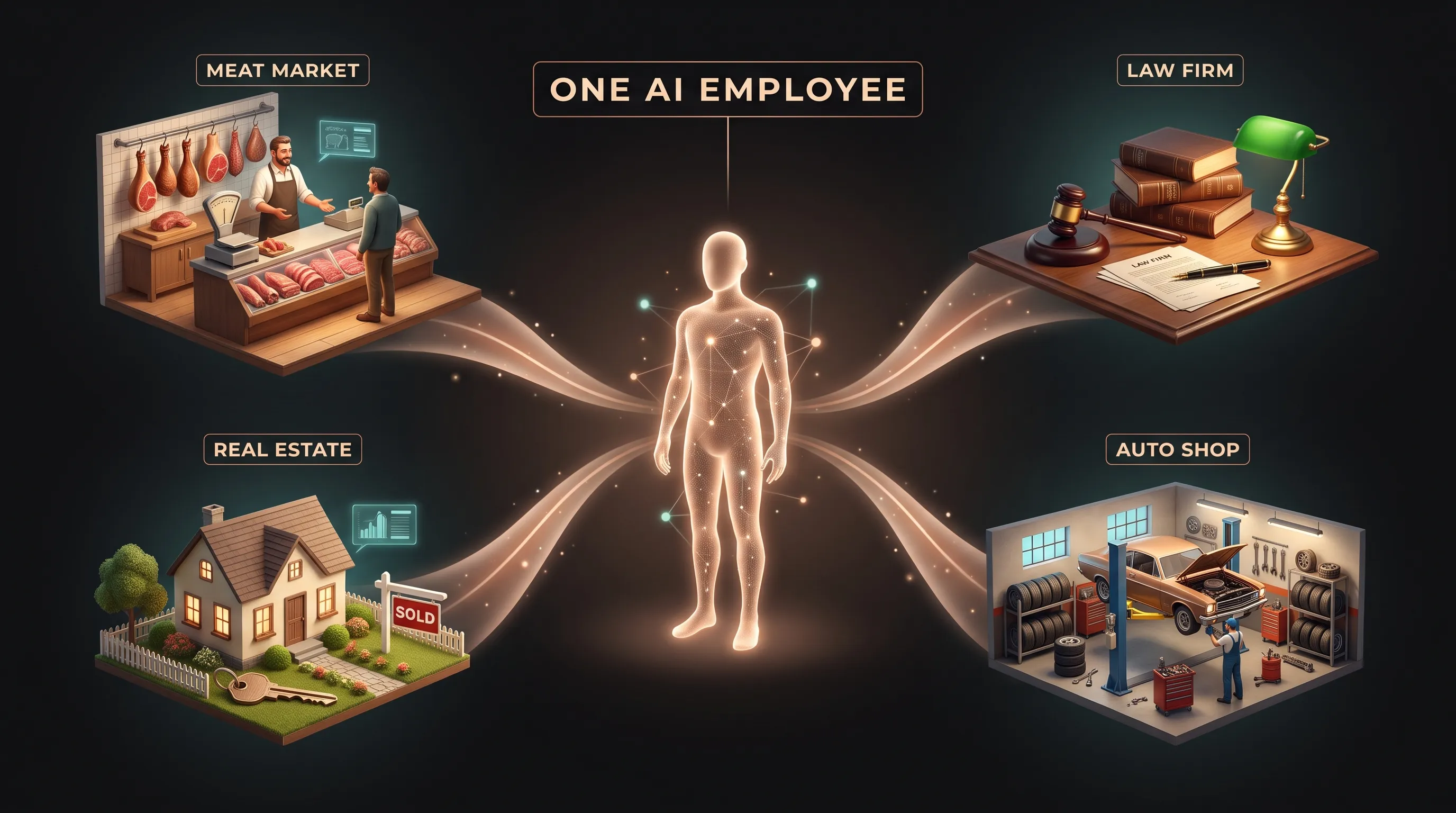 One central warm amber AI employee connected by light beams to four different small businesses, a meat market, a law firm, a real estate office, and an auto shop, each with its own kind of call
