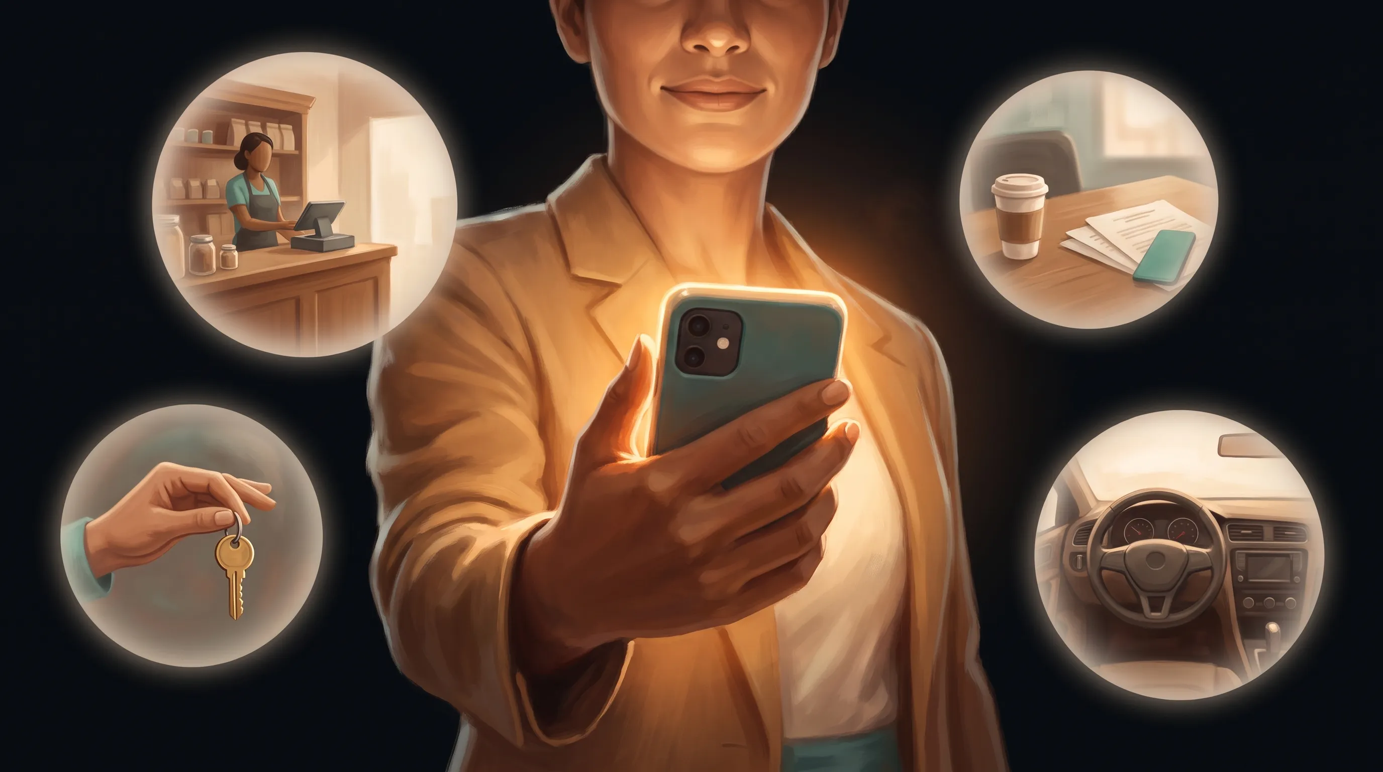 A founder holding up a phone that plays four recorded AI employee calls, a warm amber glow spreading from the screen, standing in for proof shown instead of claimed