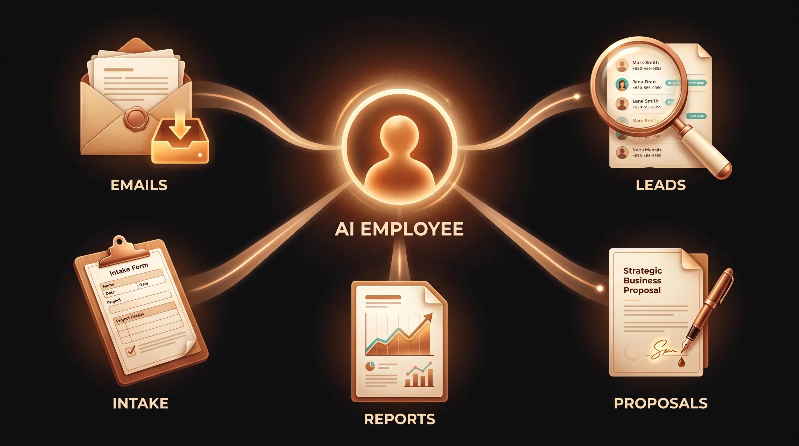 What an AI employee does: handles emails, researches leads, pulls reports, manages intake, and follows up on proposals