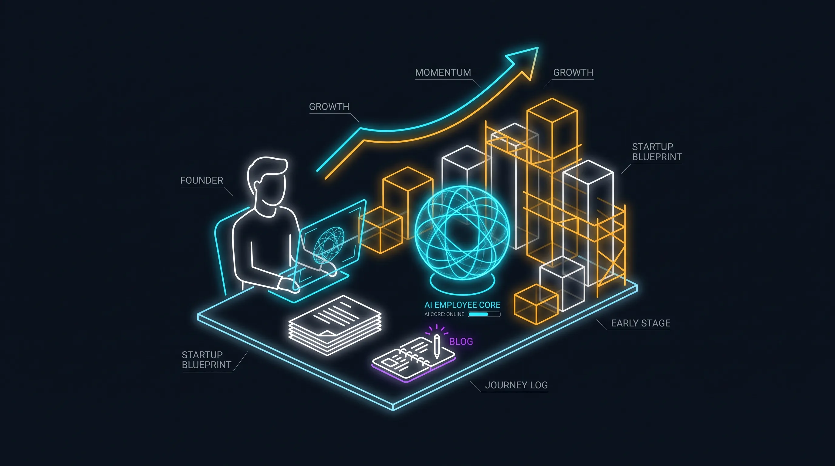 A founder building an AI-first company, an AI employee core coming online amid startup growth