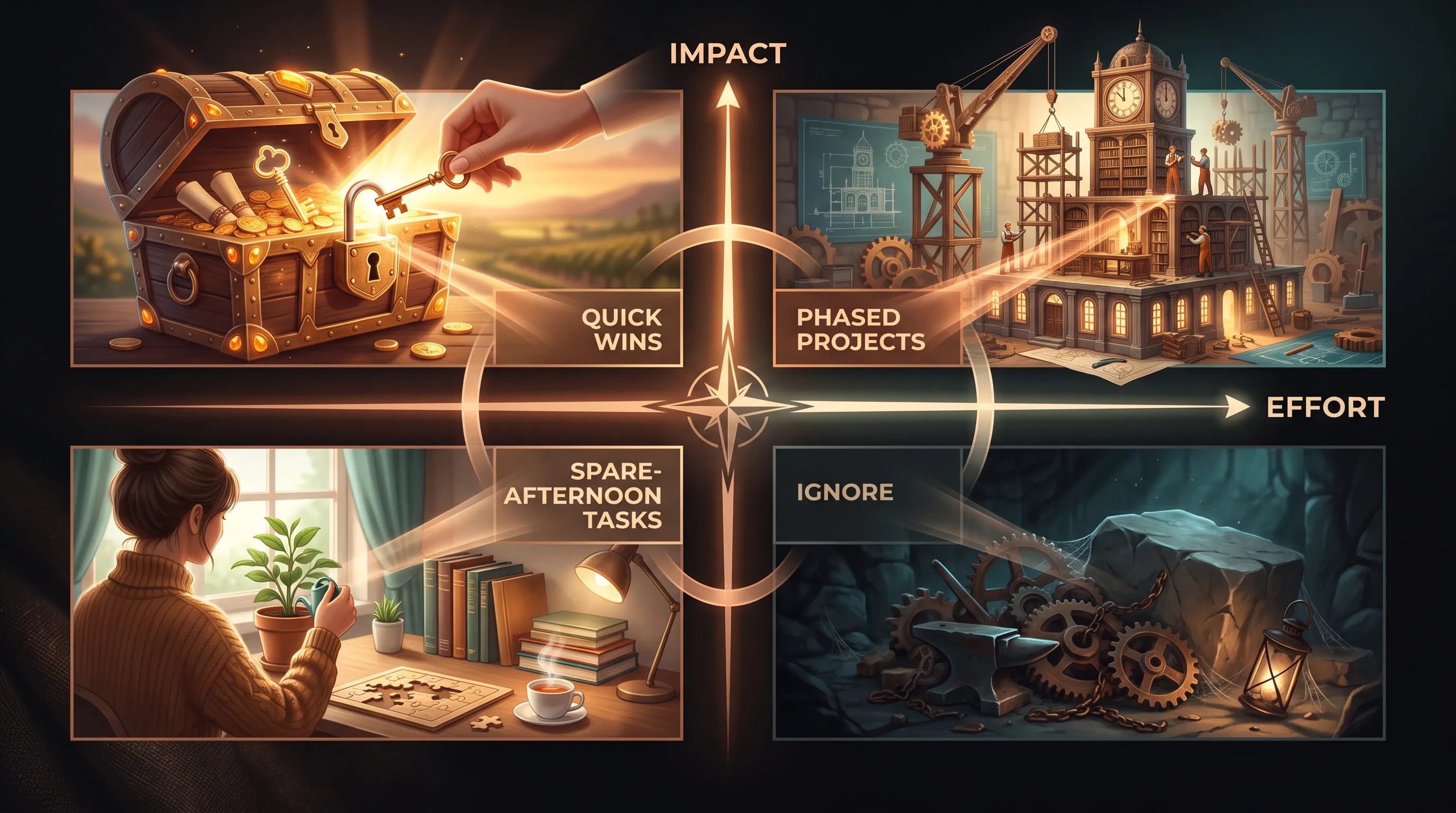 A four-quadrant impact-effort matrix: high-impact low-effort quick wins highlighted, high-impact high-effort marked as phased projects, low-impact high-effort plainly labeled ignore, and low-impact low-effort as spare-afternoon tasks