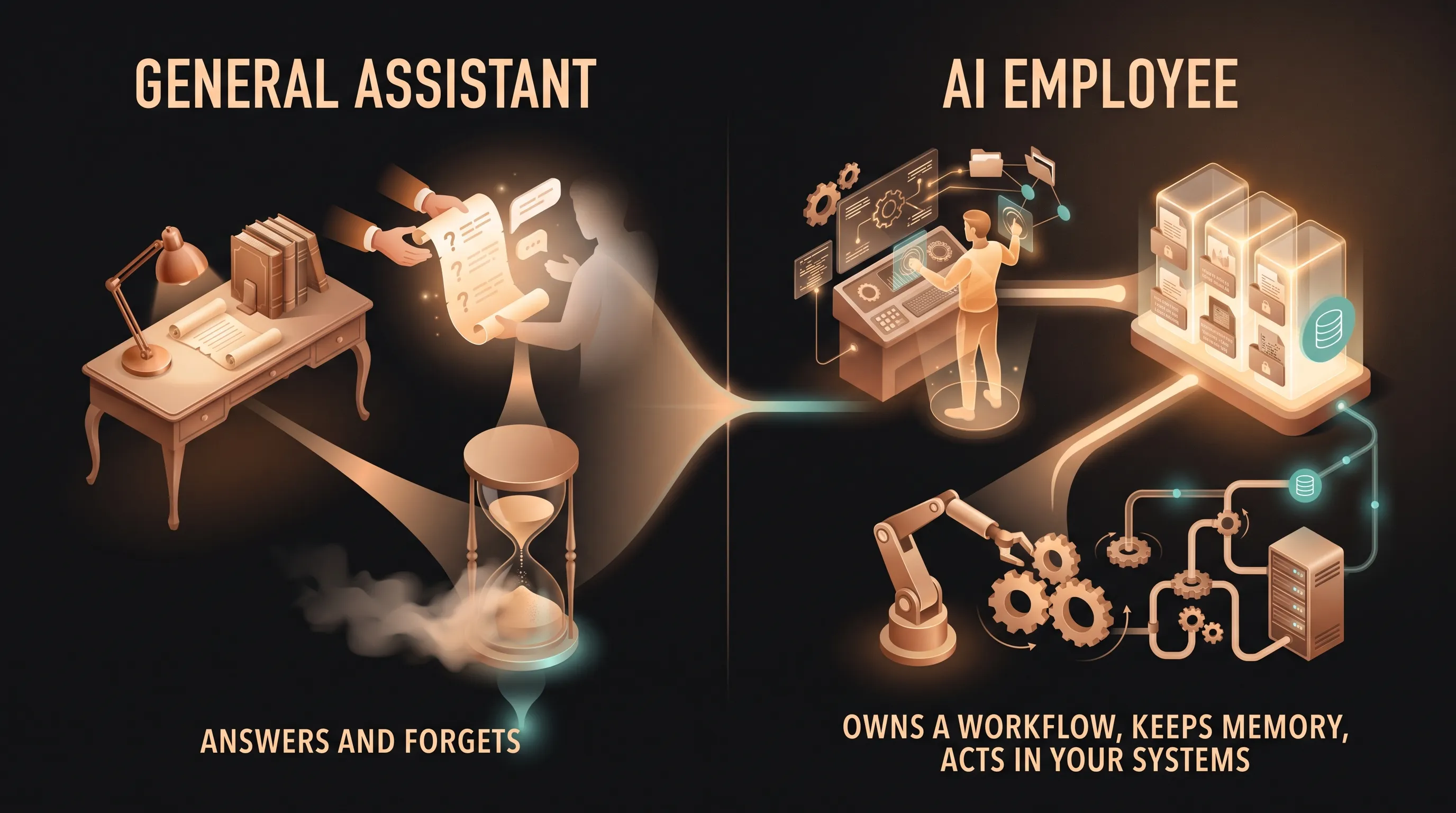 Side-by-side comparison: a general assistant returns content and forgets, while an AI employee owns a workflow, keeps memory, and acts inside your systems