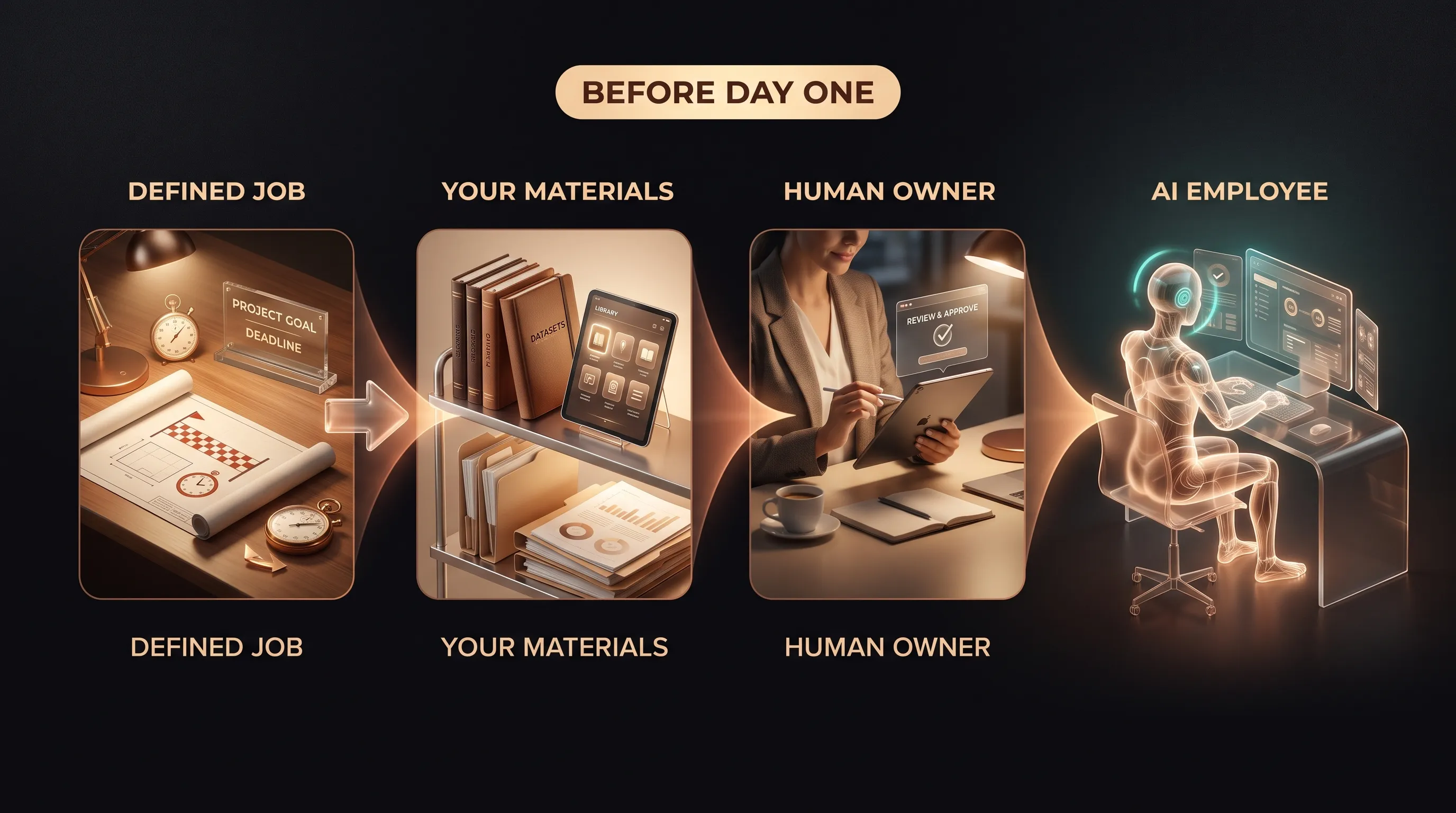 Three ingredients feeding into a new AI employee before it starts: a defined job with a clear finish line, the business's own materials, and a human owner who reviews the work