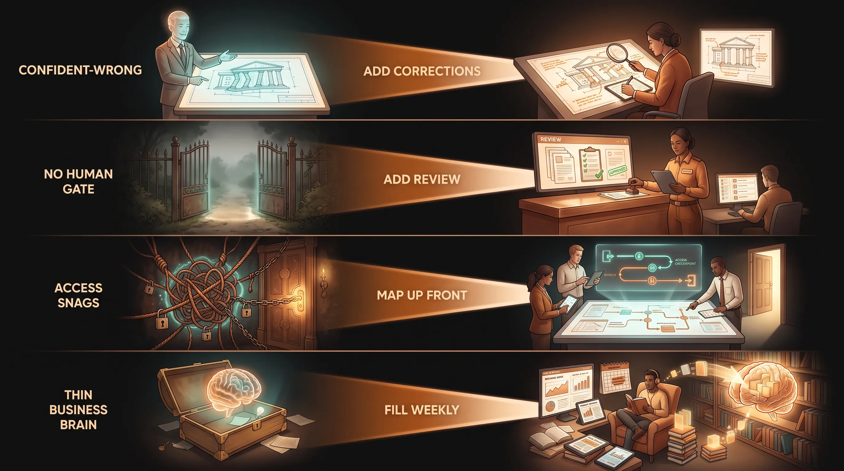 The four early failure modes of an AI employee, each paired with how it's handled: confident-wrong met with corrections, no human gate met with review, access snags met with up-front mapping, an incomplete Business Brain met with weekly filling-in