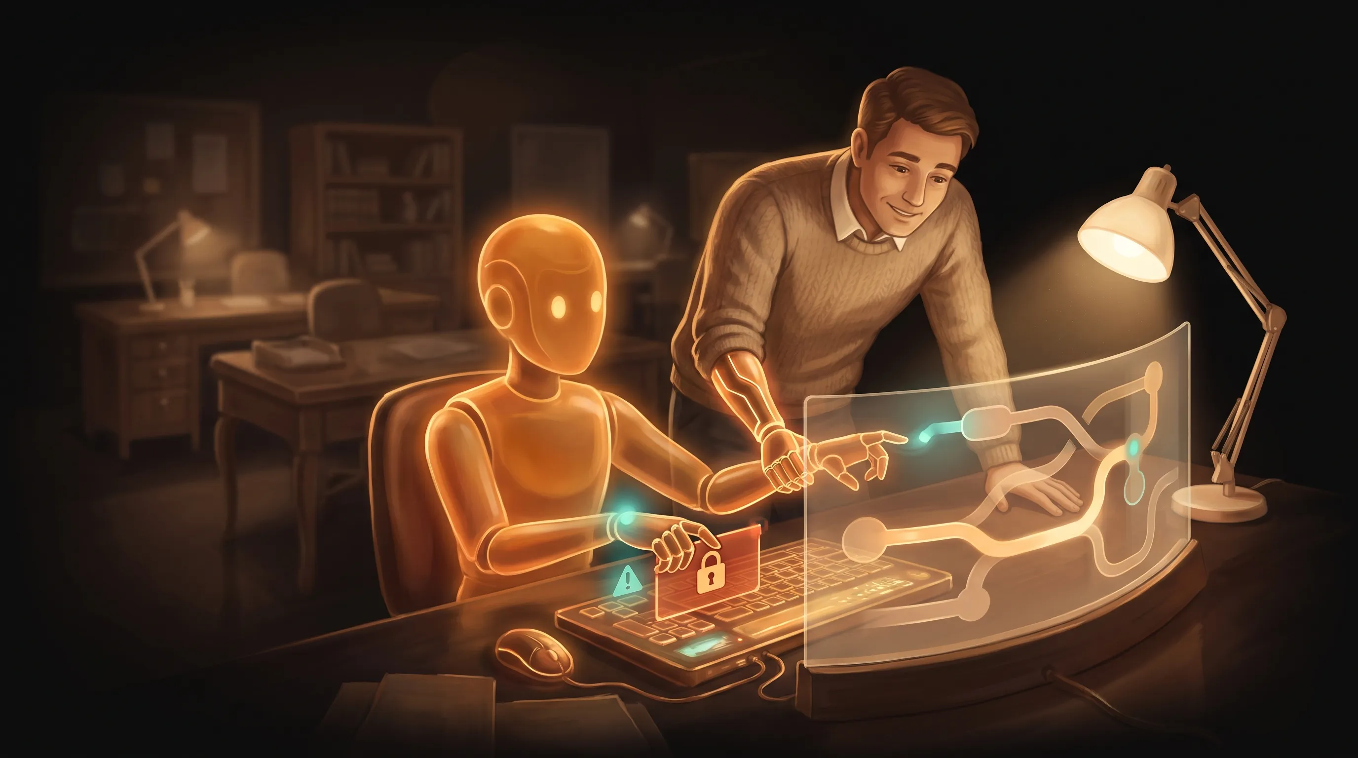 The rough first weeks of an AI employee shown honestly: confident early mistakes and access snags being corrected by a human owner into a smooth running system