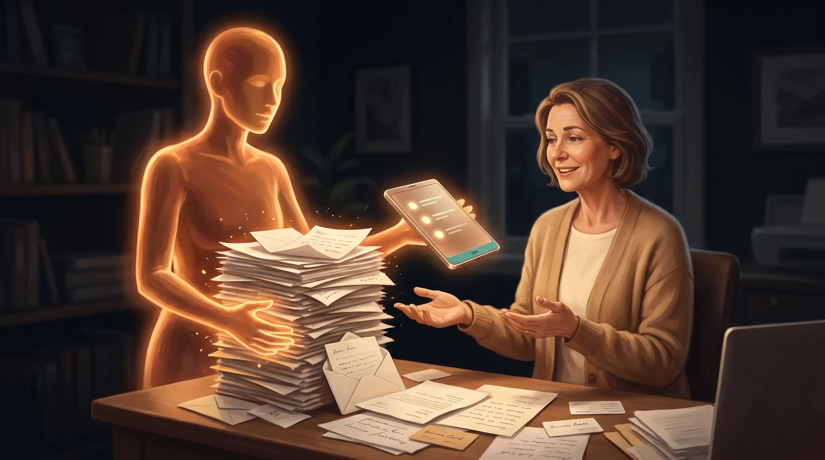 A warm amber AI employee standing beside a small-business owner, taking a towering messy pile of leads, emails, and reviews and handing back a short, calm list of the few that matter most today