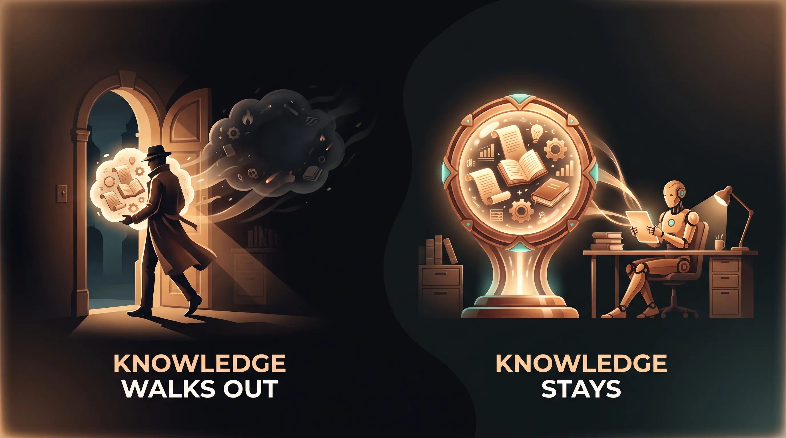 On the left, a person leaving through a doorway carrying a glowing cloud of knowledge that goes dark behind them, labeled KNOWLEDGE WALKS OUT; on the right, the same knowledge held in a persistent owned Business Brain that stays lit, an AI employee still reading from it, labeled KNOWLEDGE STAYS
