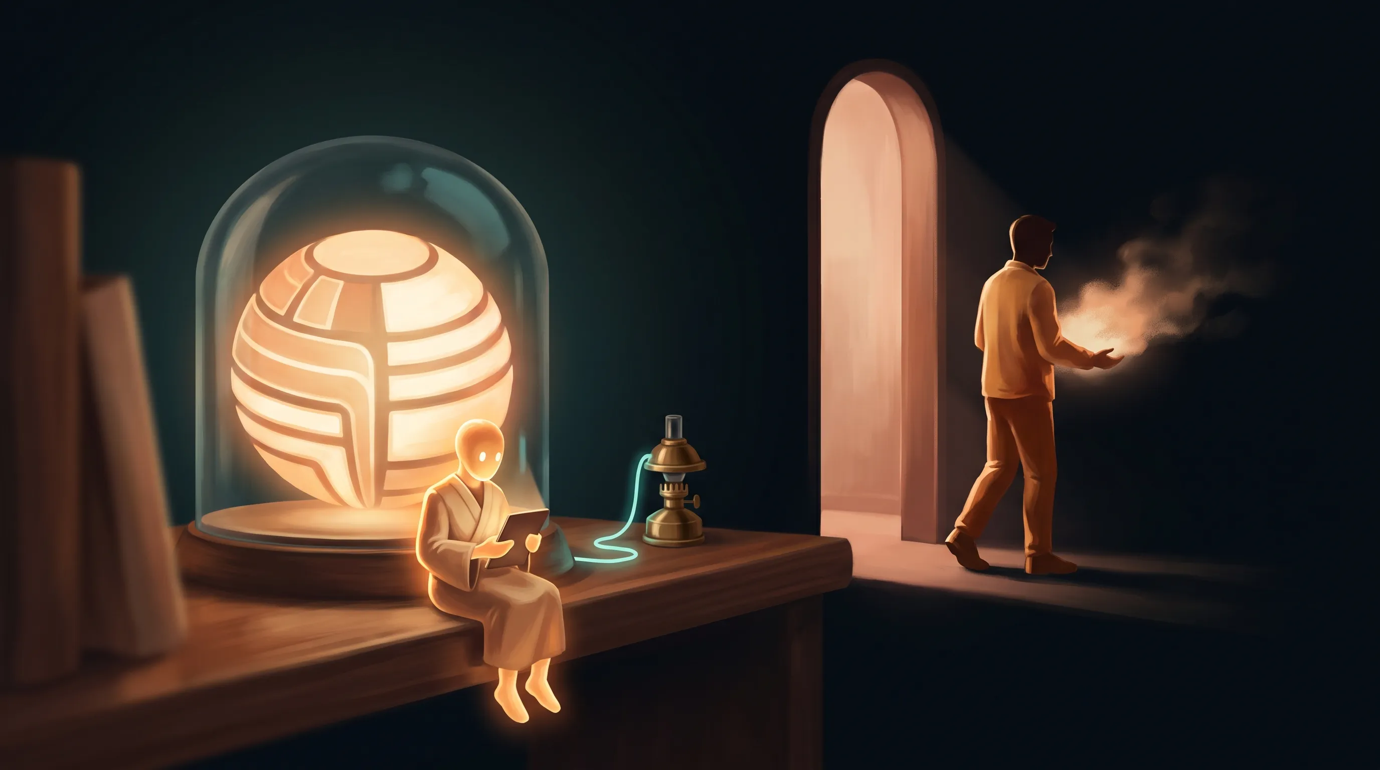A warm amber figure walking out a doorway into the dark, carrying a glowing cloud of knowledge with them; beside it, the same knowledge instead held in a persistent owned Business Brain that stays lit after the person is gone, an AI employee still reading from it