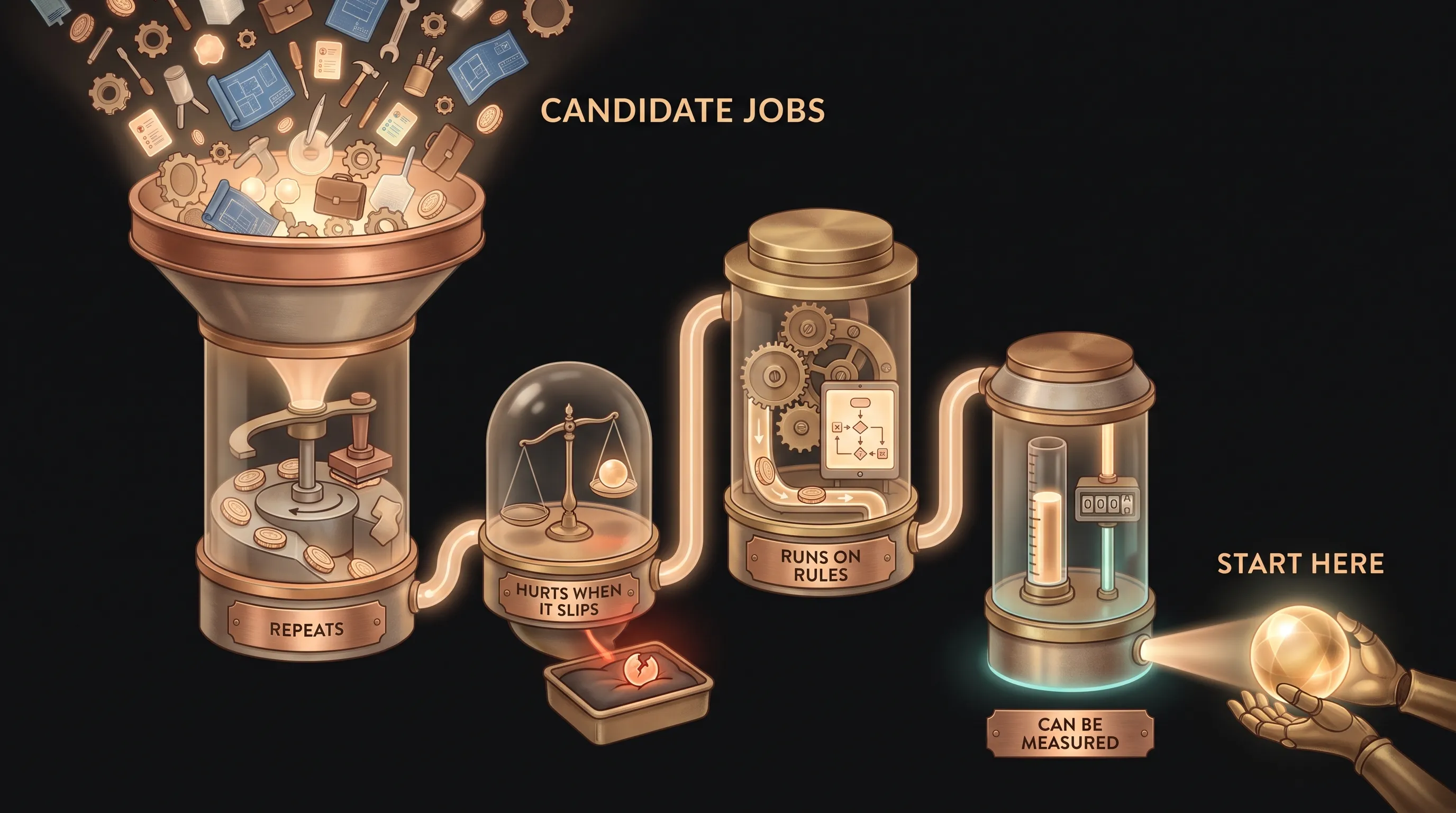 The four-question filter funneling a pile of candidate jobs down to the one that repeats, hurts when it slips, runs on rules, and can be measured