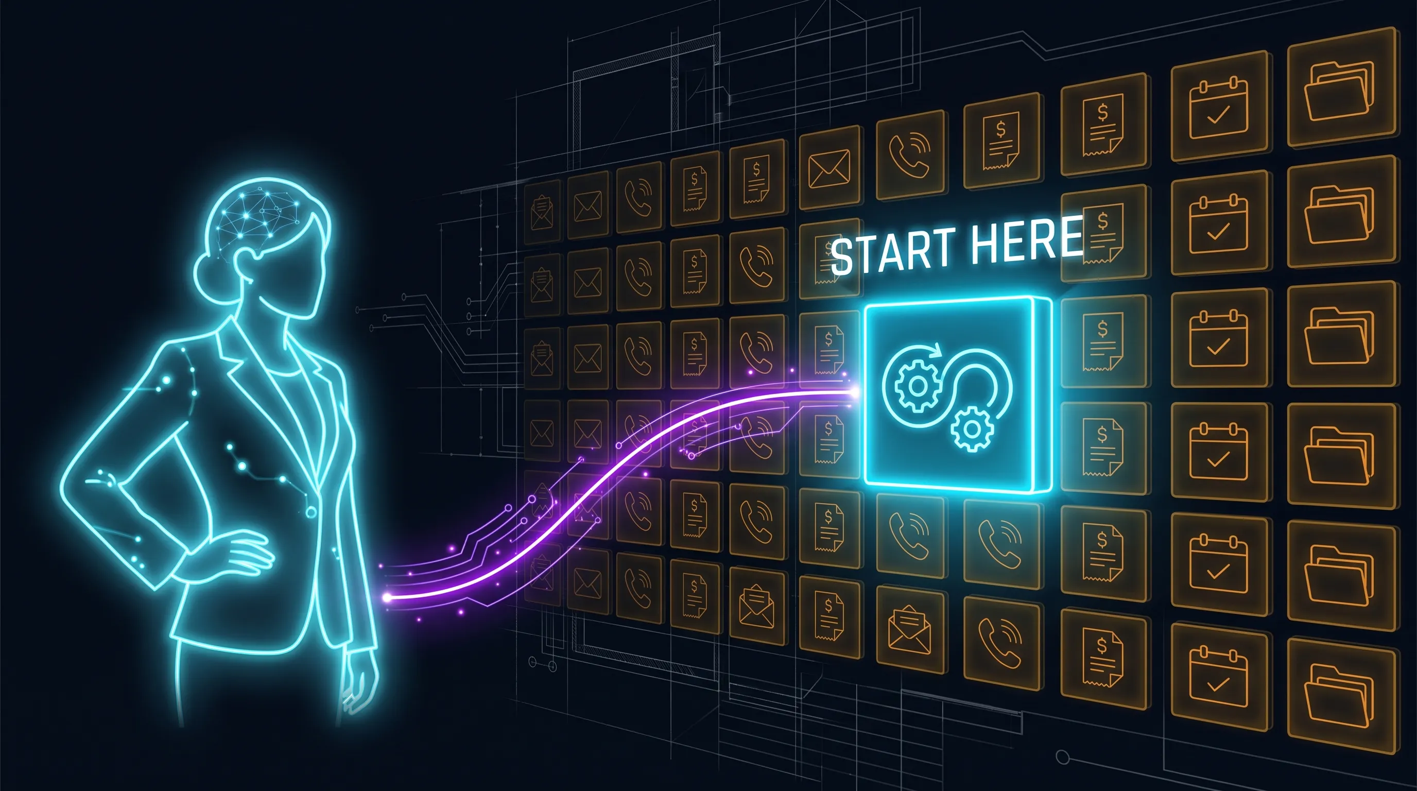 A business owner facing a wall of possible AI jobs, with one repetitive rule-based task pulled forward and lit up as the right place to start